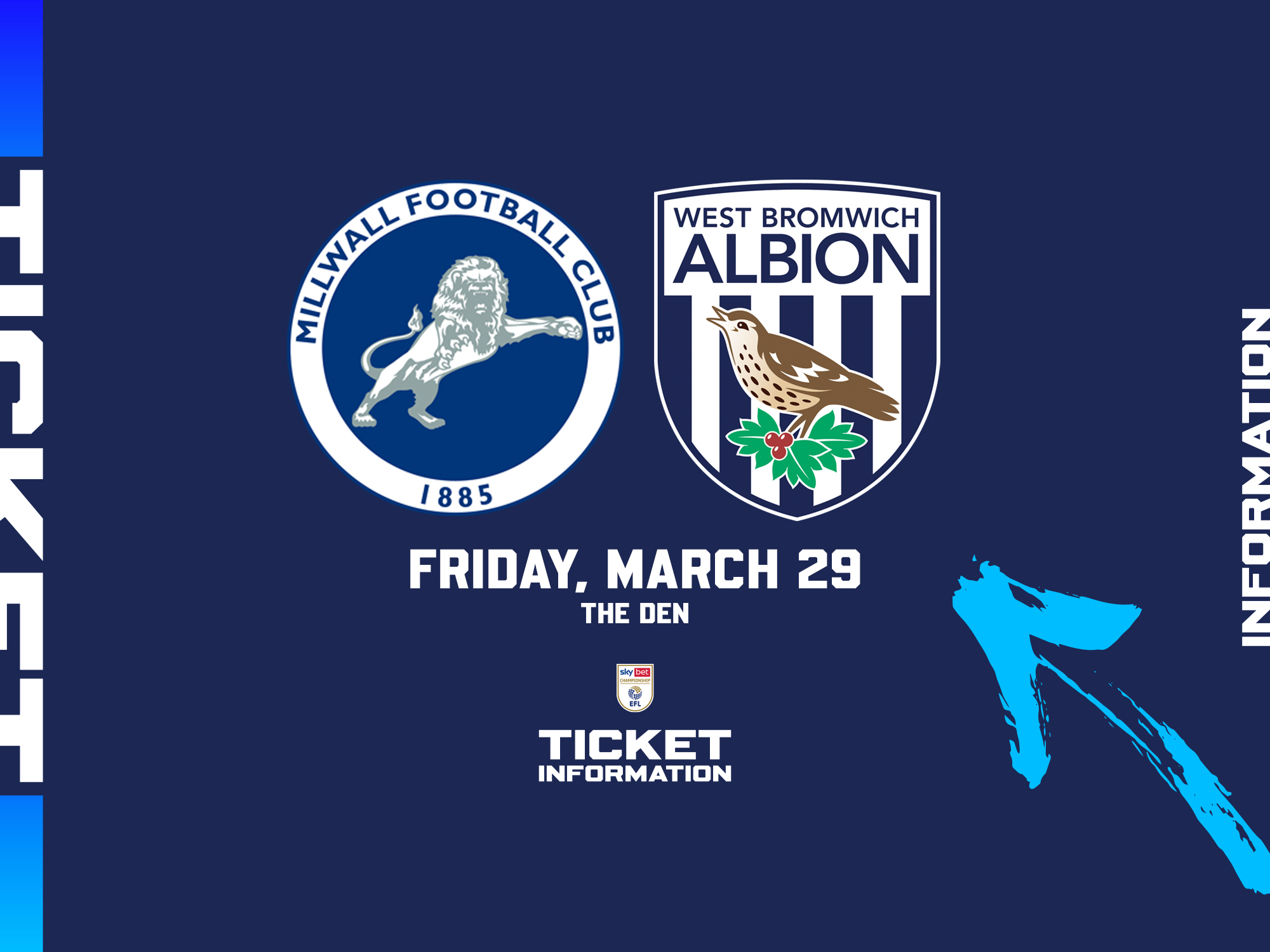 A ticket graphic displaying information for Albion's game against Millwall