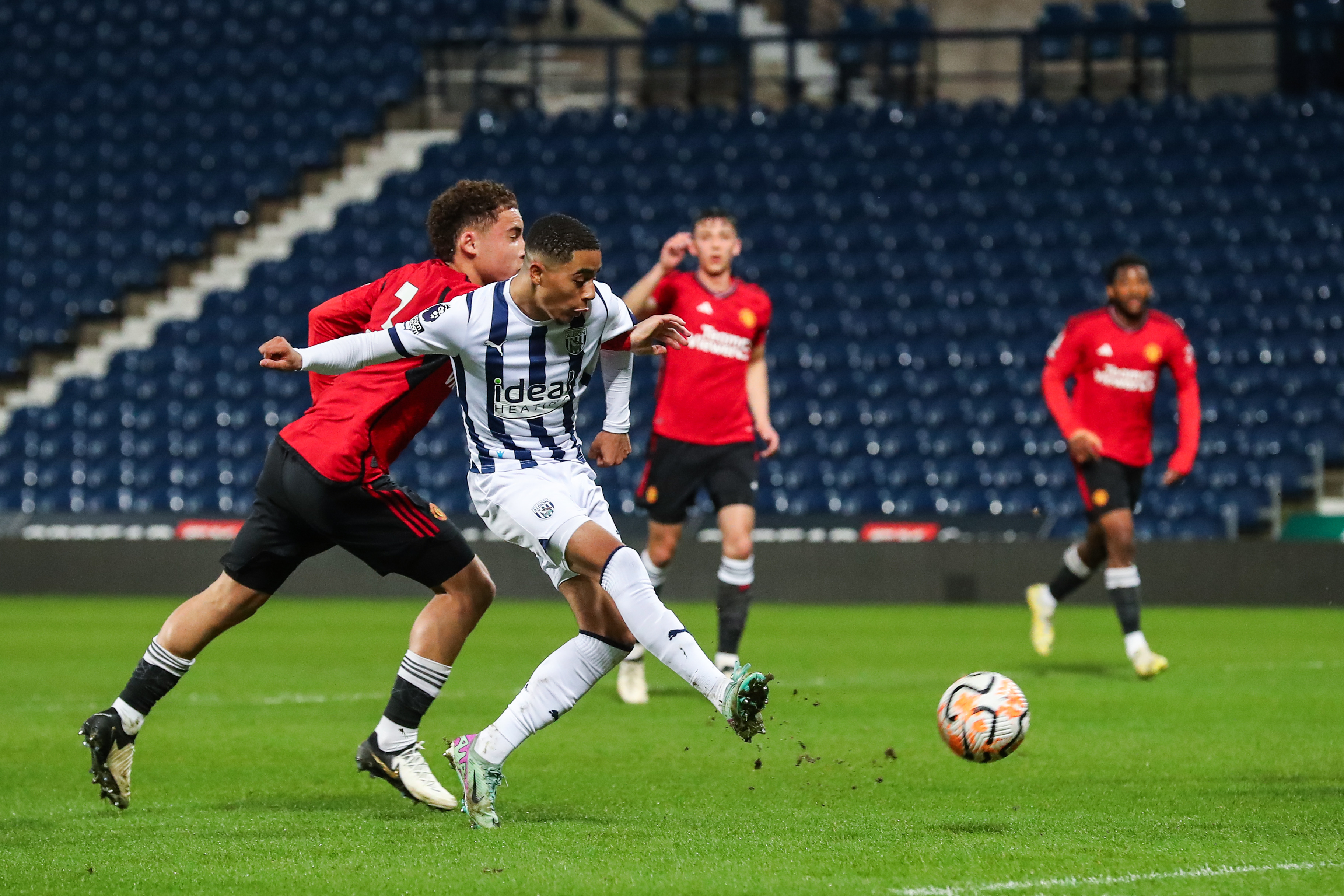 Deago Nelso having a shot against Manchester United during a PL2 clash at The Hawthorns