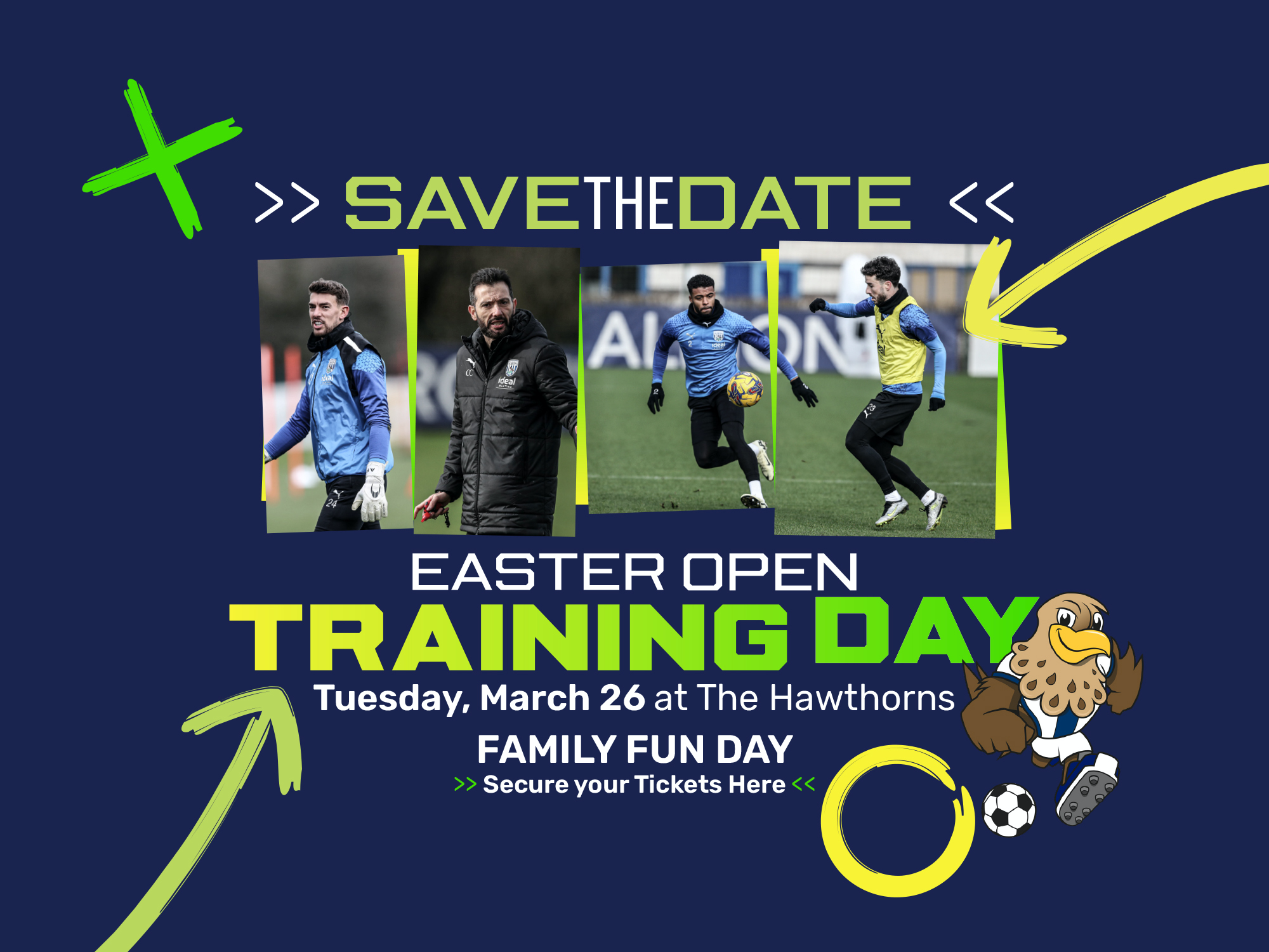 Open training day graphic with images of Carlos Corberán on and three first-team players in training 