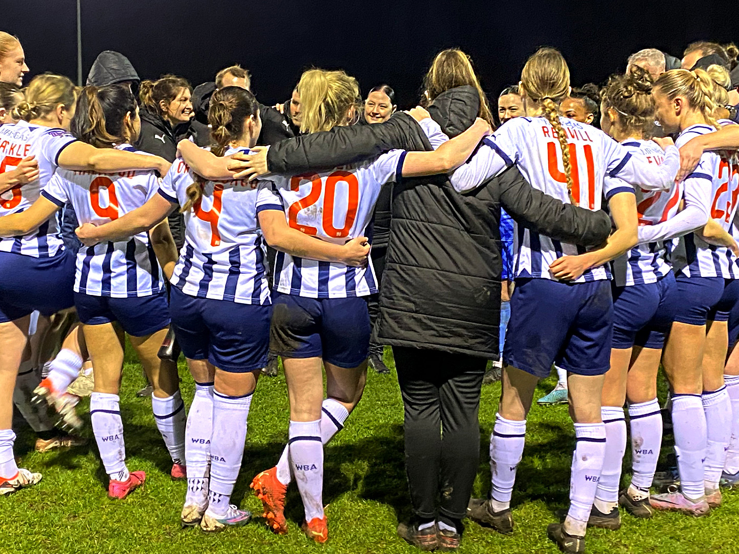Albion Women players in a huddle after beating Stourbridge 