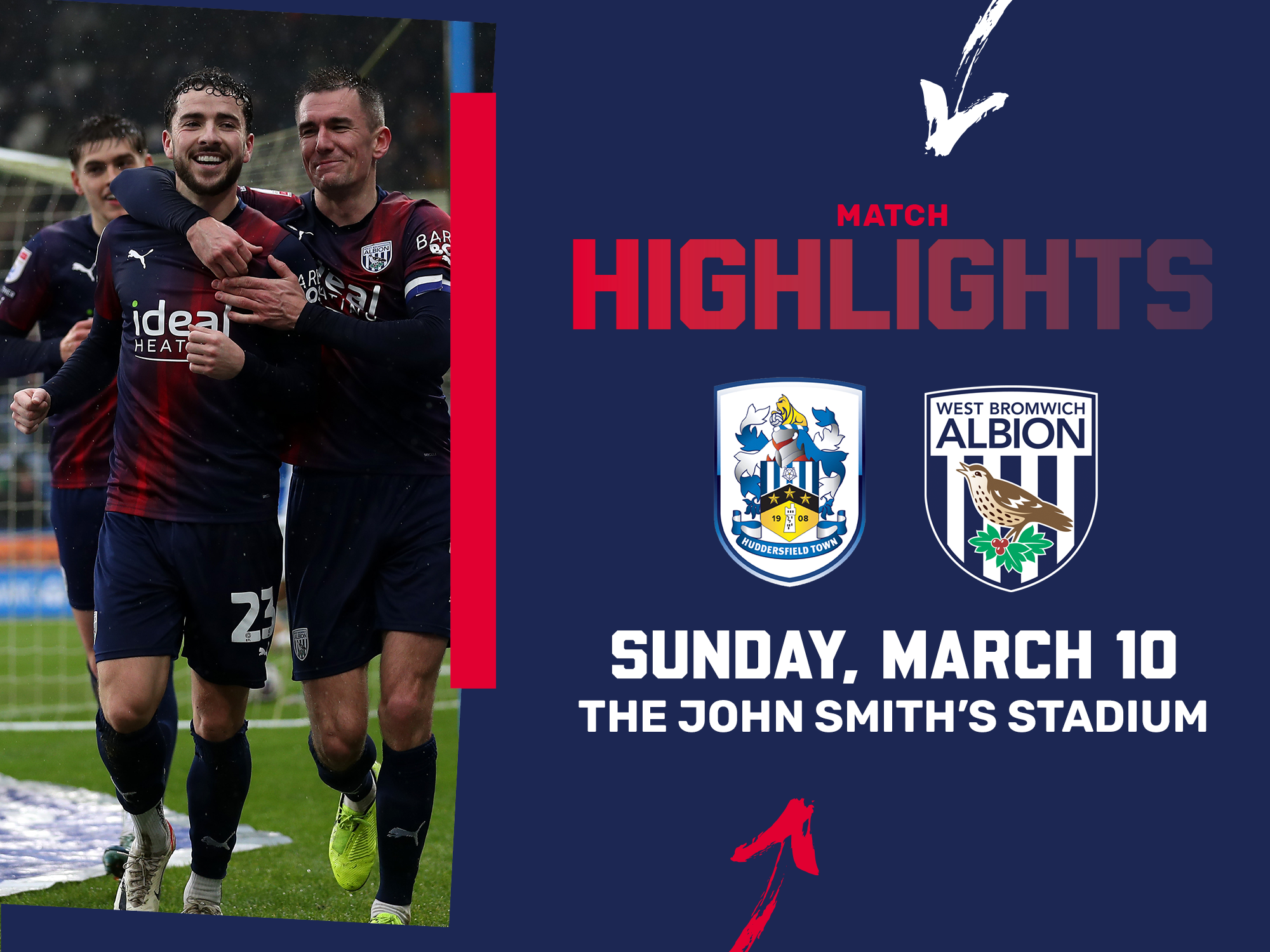 A photo highlights graphic, in the red and blue 23/24 away colours - showing the club crests of Huddersfield and Albion, along with a photo of Mike Johnston and Jed Wallace celebrating at the John Smith's Stadium