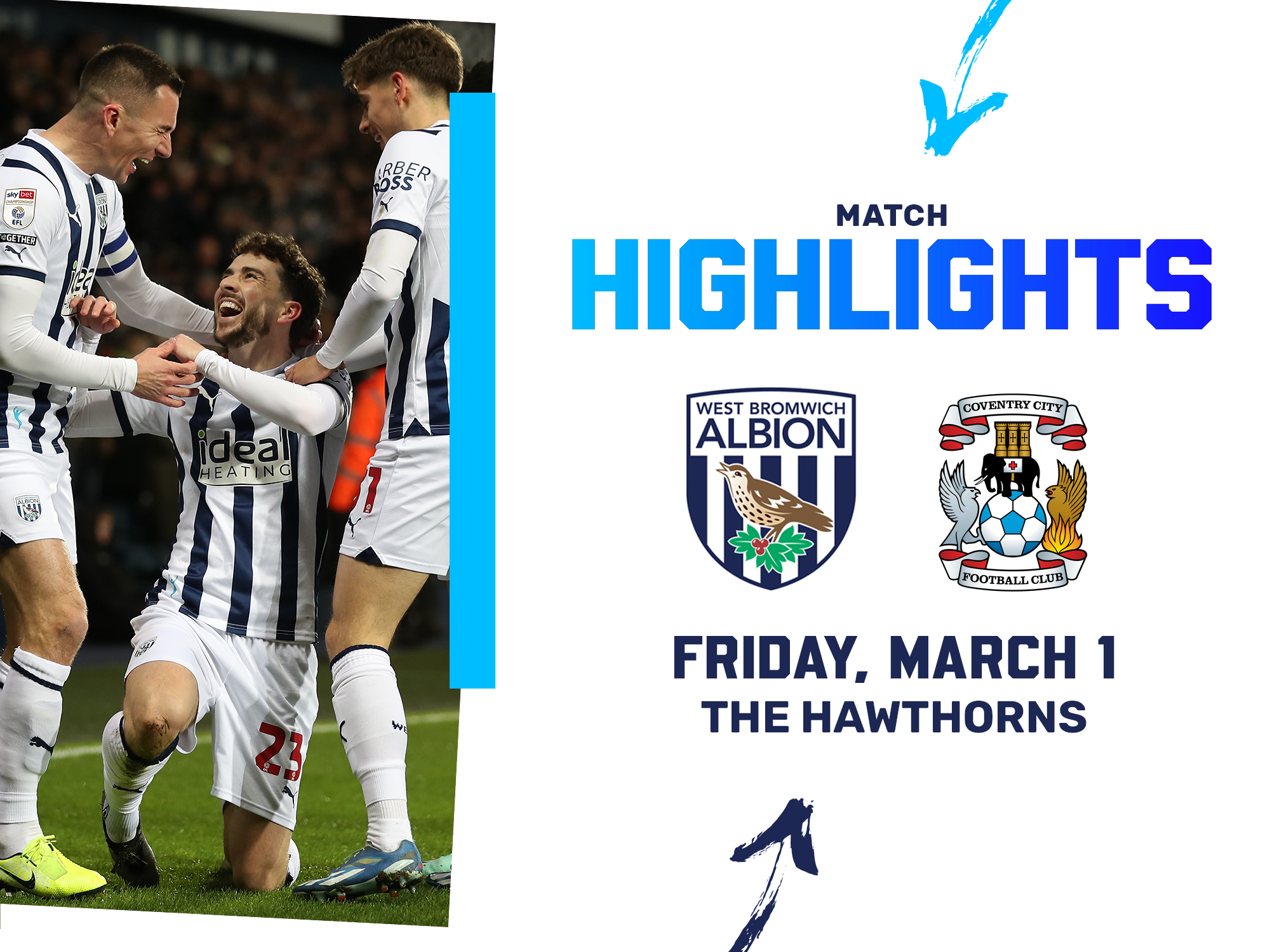 A photo highlights graphic, showing the club crests of Albion and Coventry City, with a picture of Mikey Johnston celebrating at The Hawthorns
