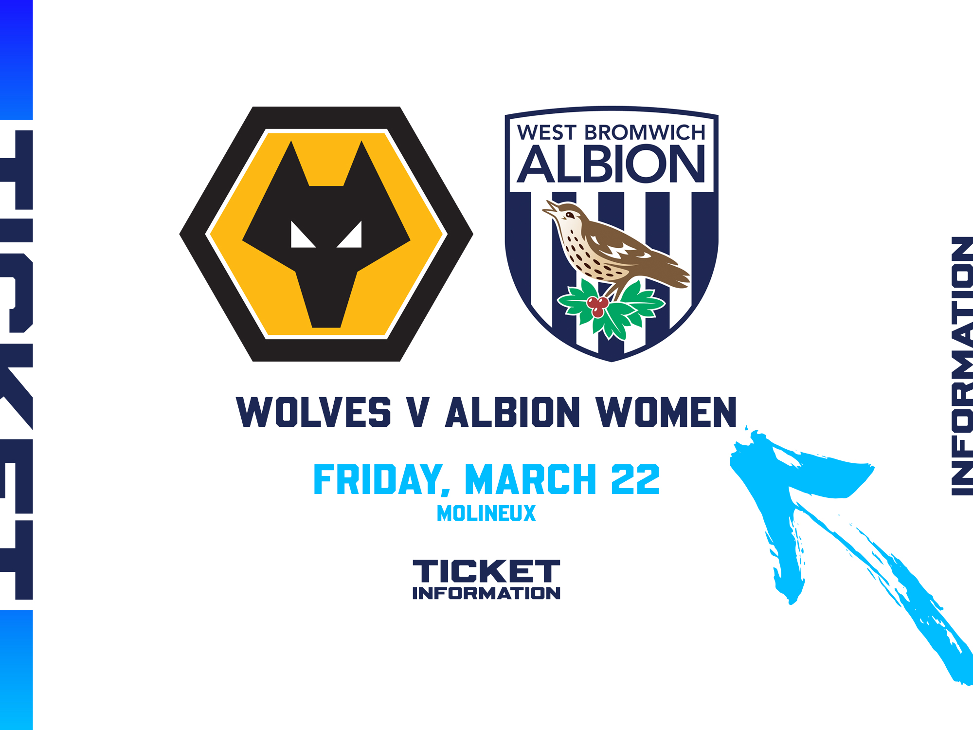 A ticket graphic displaying information for Albion Women's game at Wolves