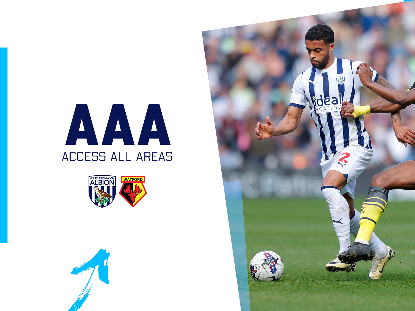 An Access All Areas Matchday graphic, showing a photo of Darnell Furlong, along with the club crests of Albion and Watford