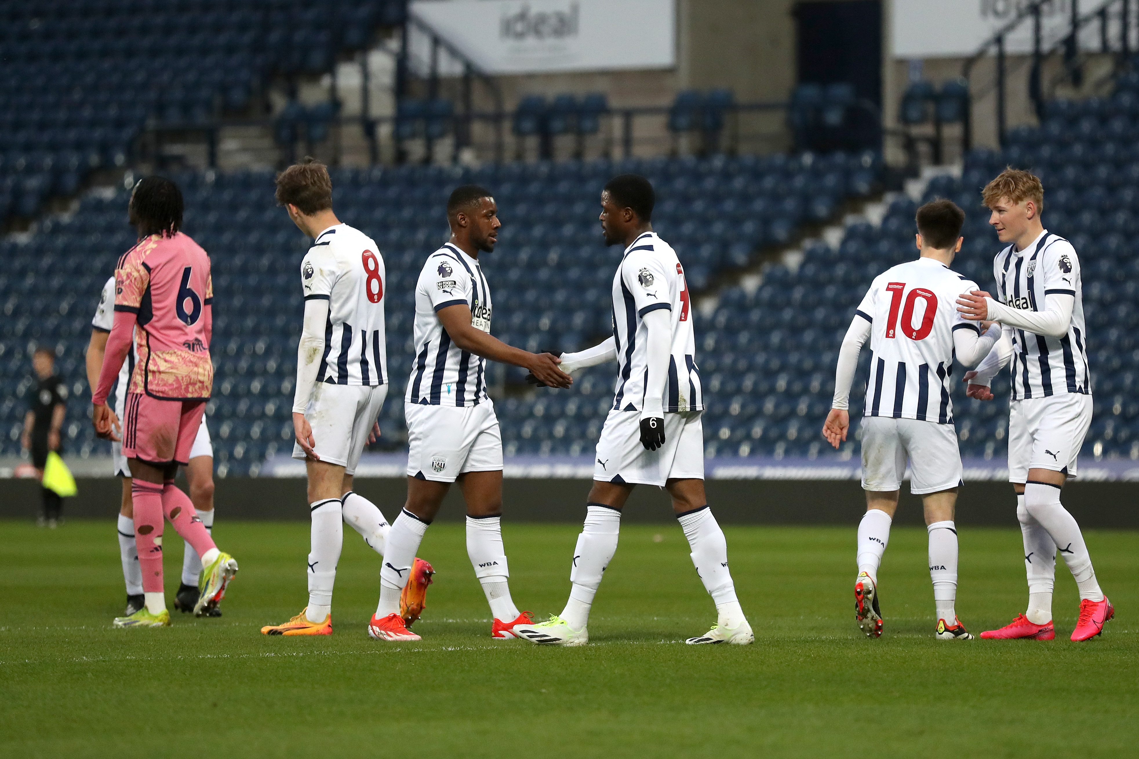 Albion players celebrate scoring a goal against Leeds in the PL2 clash at The Hawthorns 
