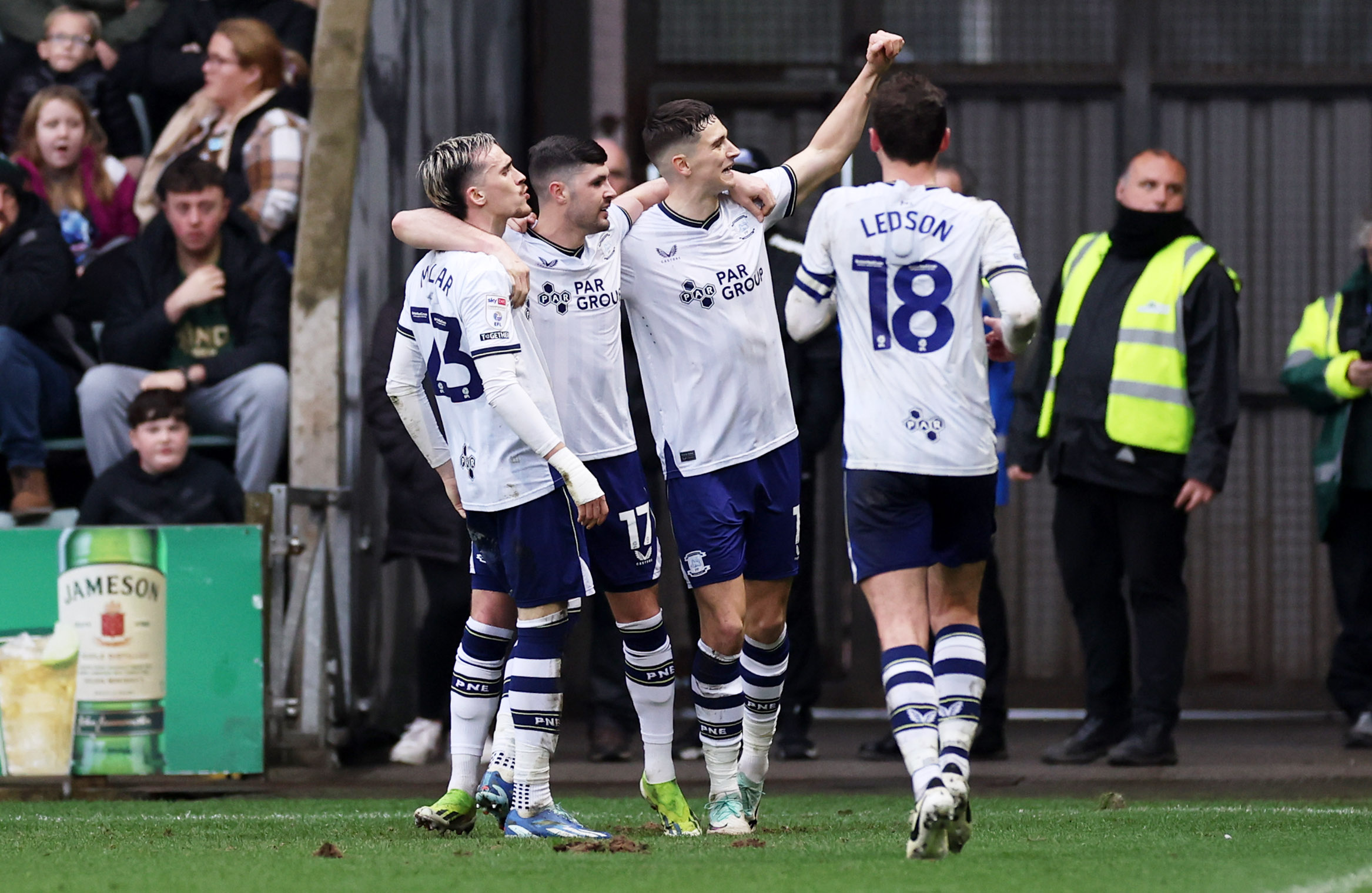Preston North End players celebrate scoring a goal against Plymouth Argyle 