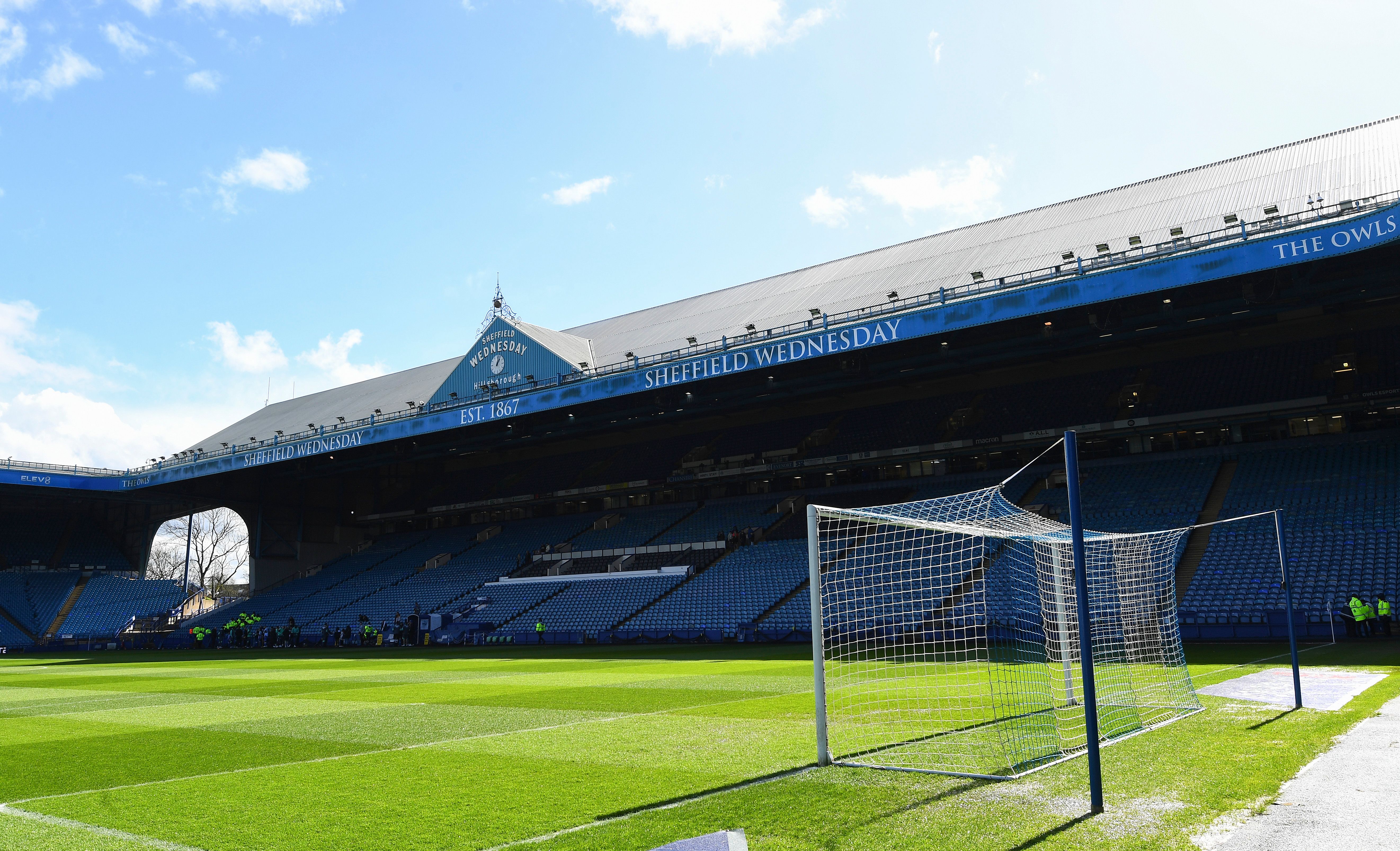 A general view of a goal net and the main stand in the sun at Hillsborough 
