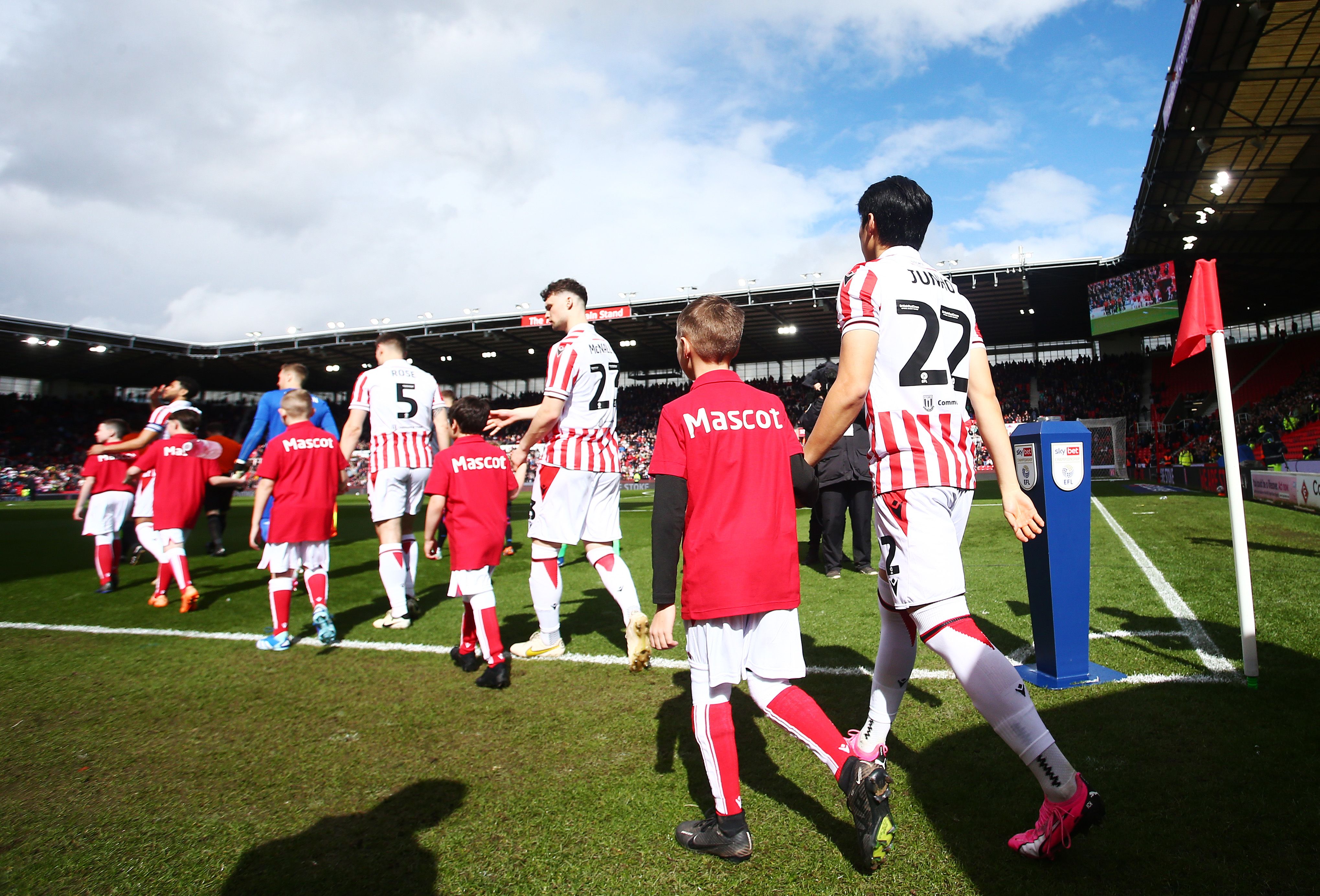 Stoke City players walking out of the tunnel at the bet365 Stadium with mascots