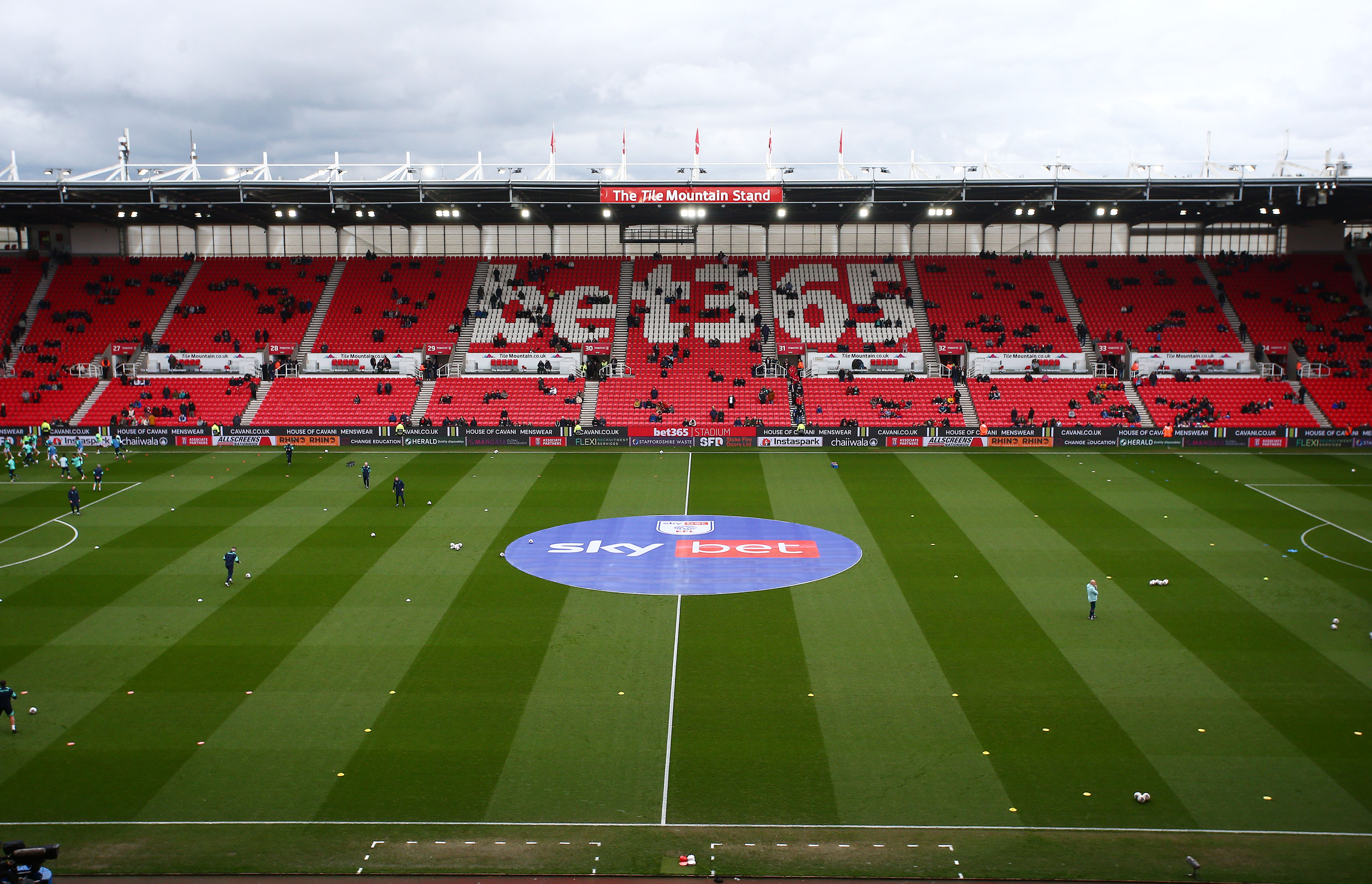 A general view of the bet365 Stadium with bet365 branding on the seats