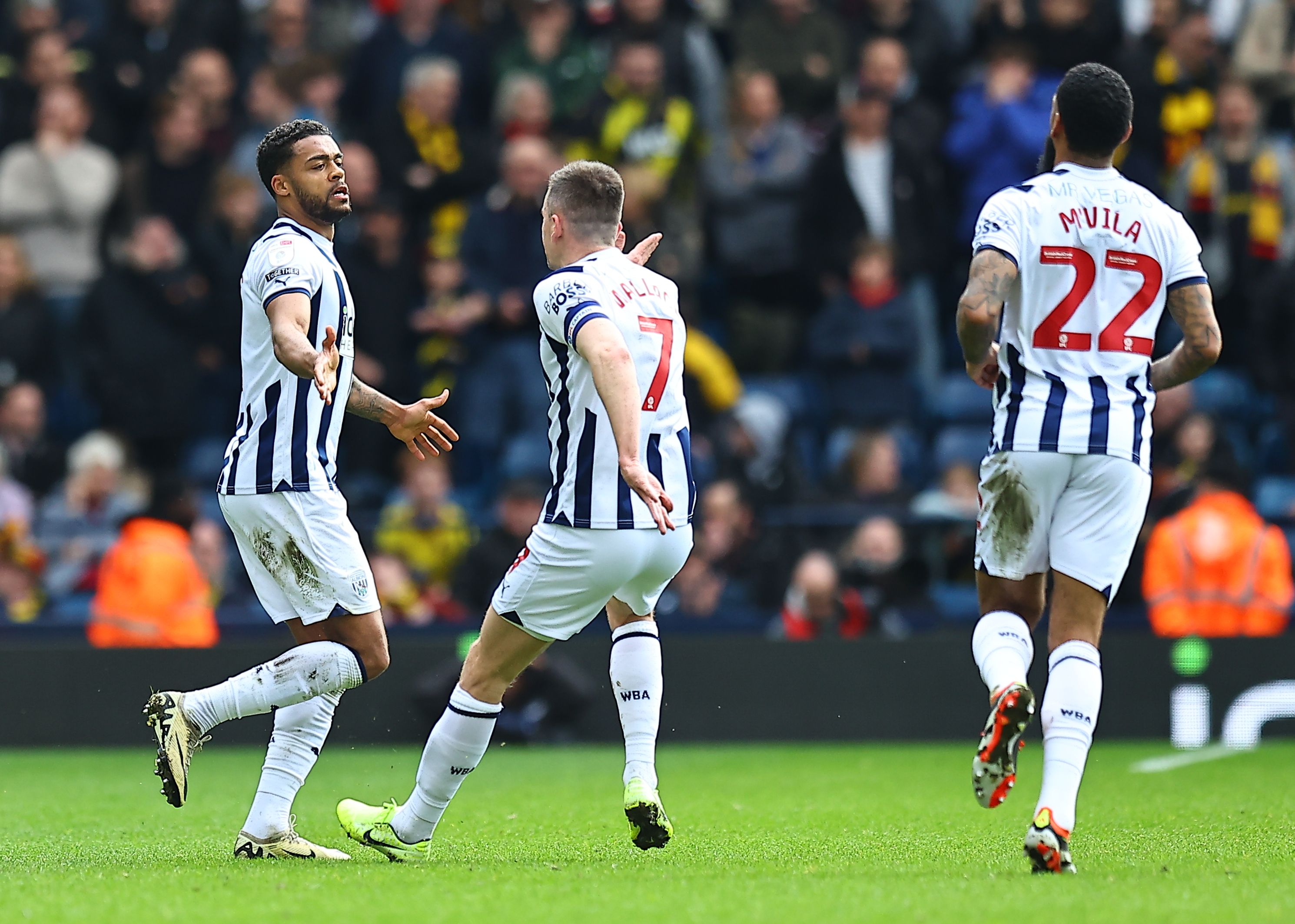 Darnell Furlong celebrates his goal against Watford at The Hawthorns with Jed Wallace