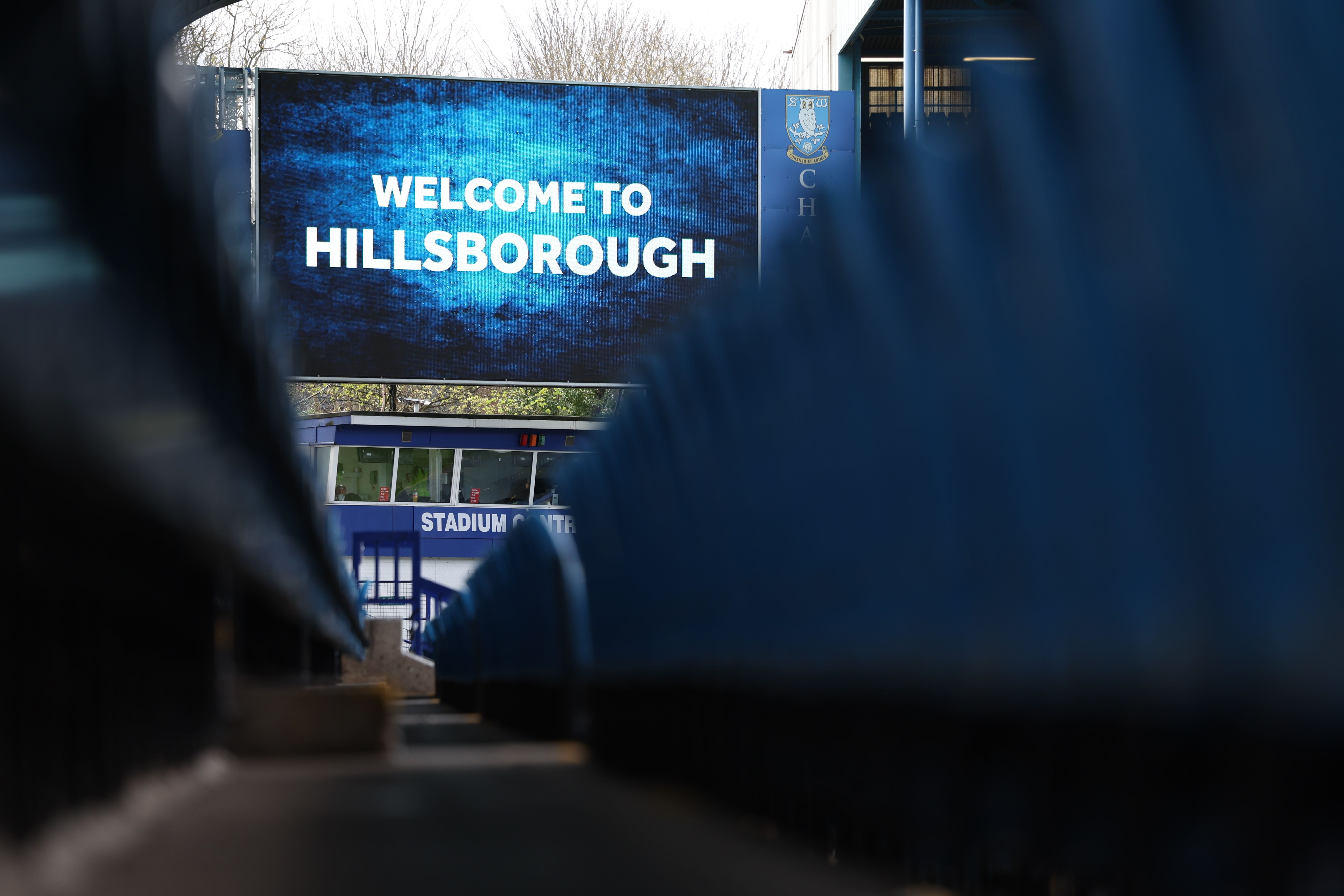 A general view of the big screen at Hillsborough with the words welcome to Hillsborough written on it