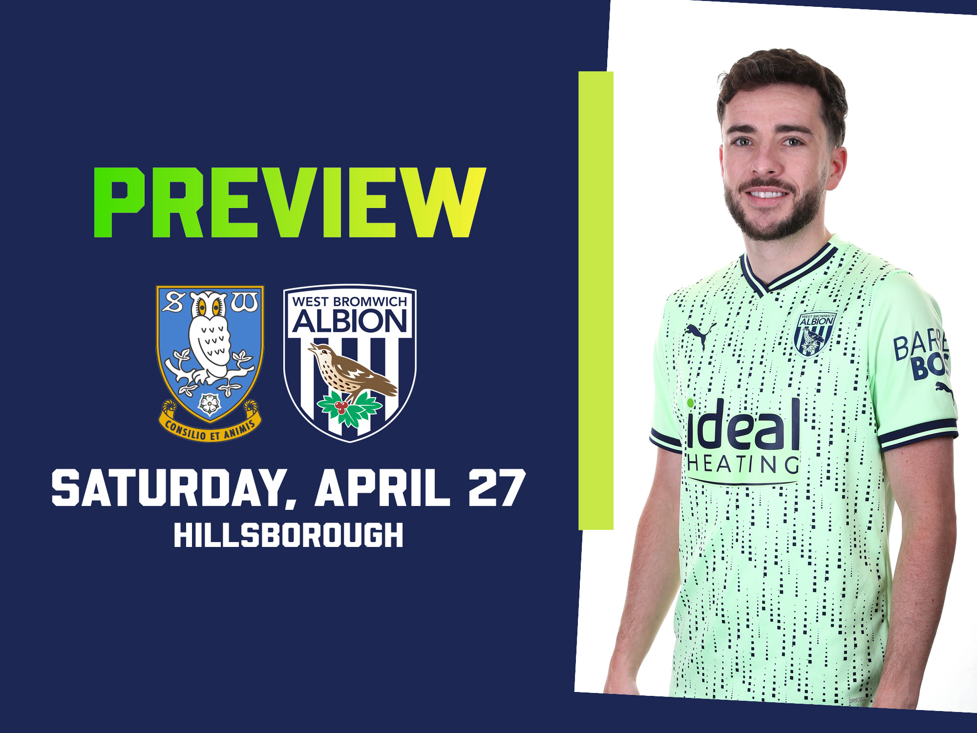 Sheffield Wednesday & WBA badges on the green away kit match preview graphic with an image of Mikey Johnston smiling at the camera while wearing a green away shirt