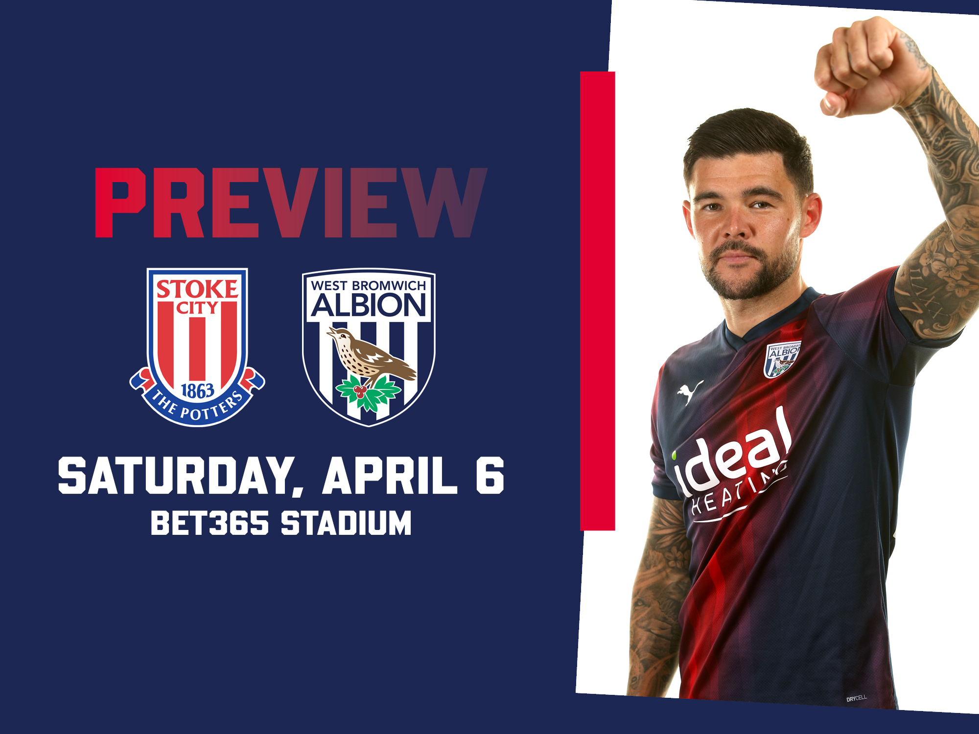 Stoke City & WBA badges on the navy-blue-and-red away preview graphic with an image of Alex Mowatt in those colours with his arm in the air