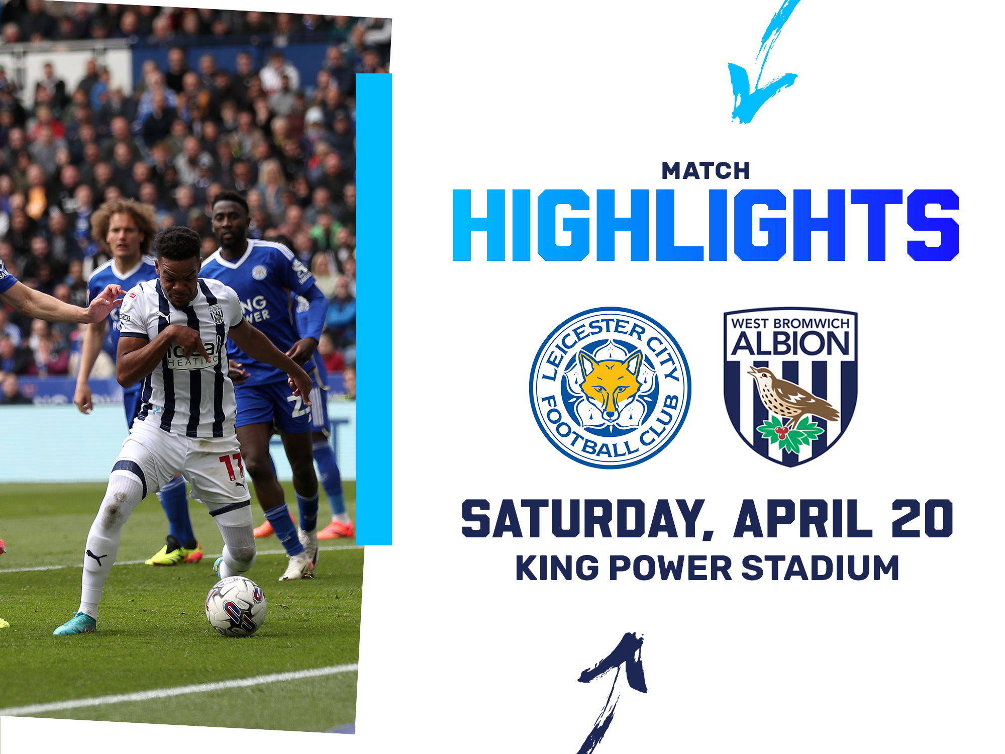 A match highlights photo graphic, showing an image of Grady Diangana and the club crests of Albion and Leicester City 