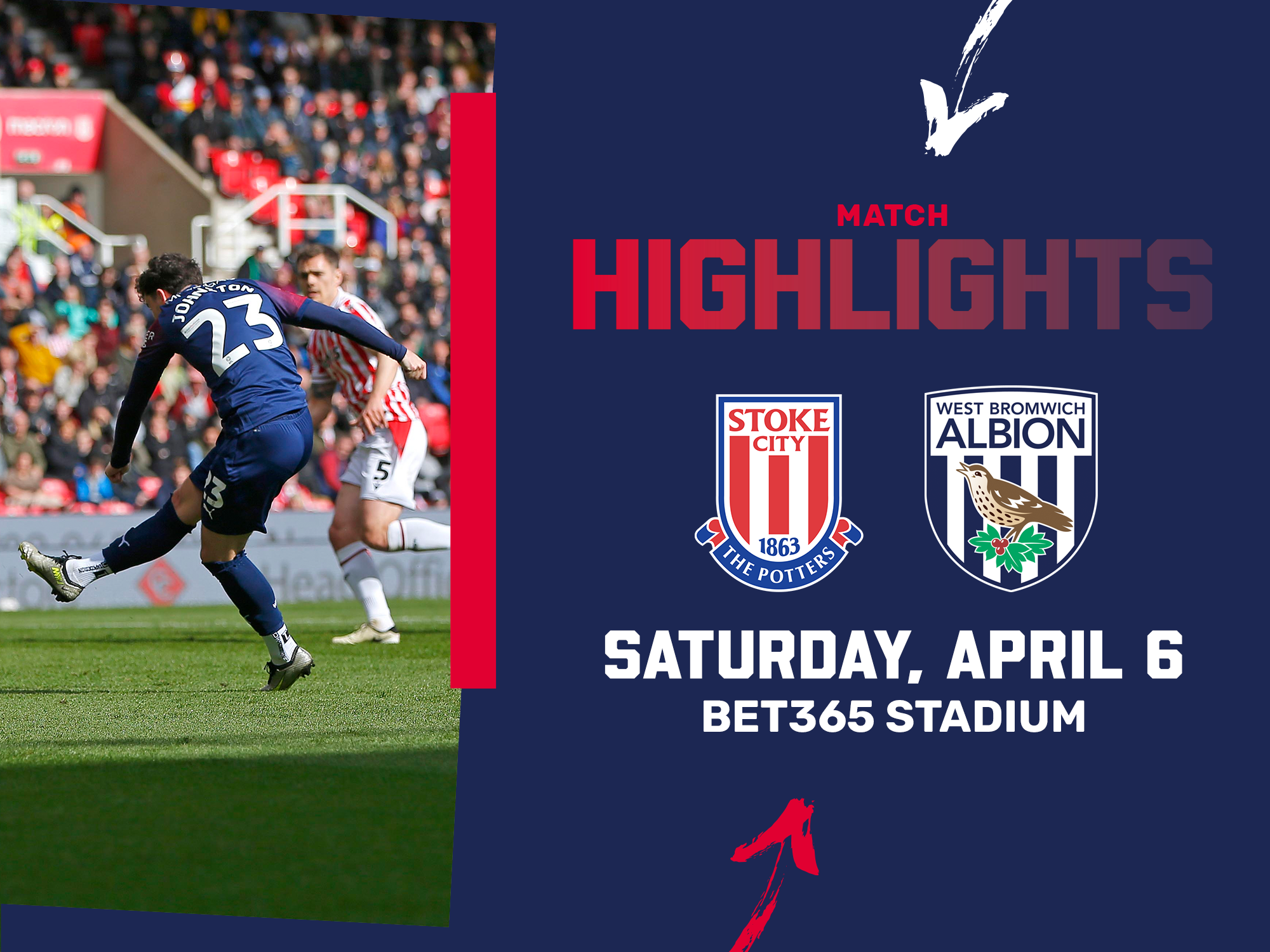 A match highlights photo graphic, in the 2023/24 away colours, and the club crests of Albion and Stoke City, showing an image of Mikey Johnston shooting at goal at the bet365 stadium