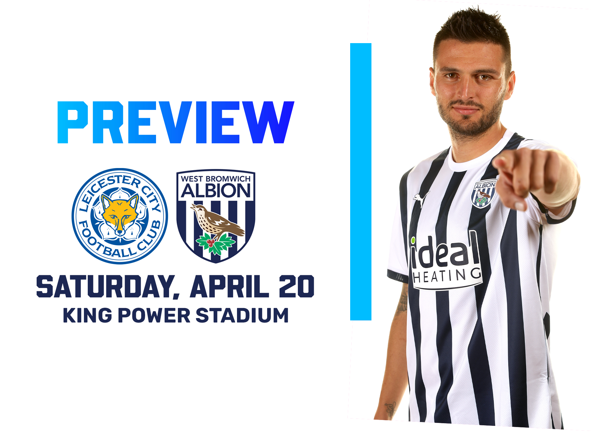 A match preview graphic of Okay Yokuslu next to the badges of Albion and Leicester
