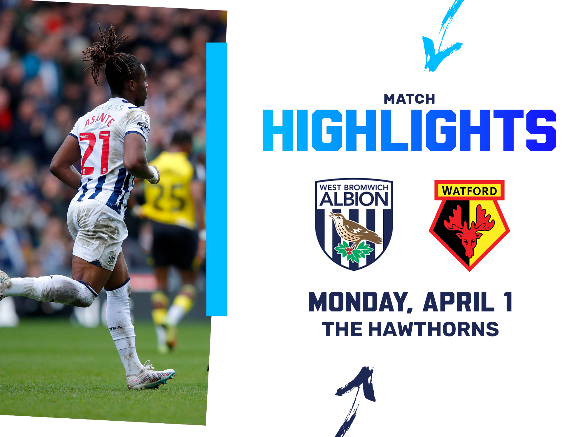 A match highlights photo graphic, showing the club badges of Albion and Watford, with a picture of Brandon Thomas-Asante