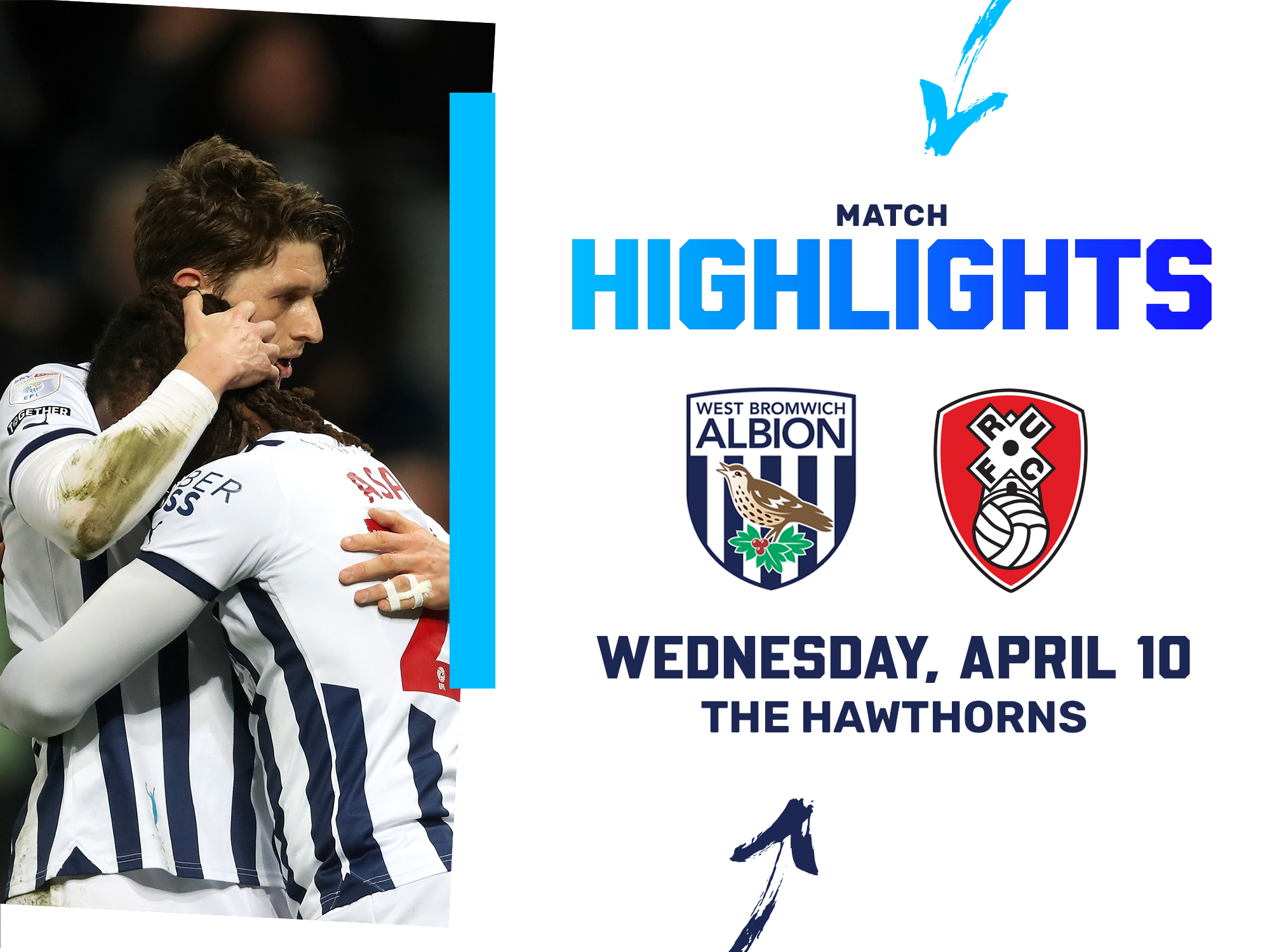 A match highlights photo graphic, showing Adam Reach and Brandon Thomas-Asante hugging each other, following the latter's goal during Albion's home win over Rotherham