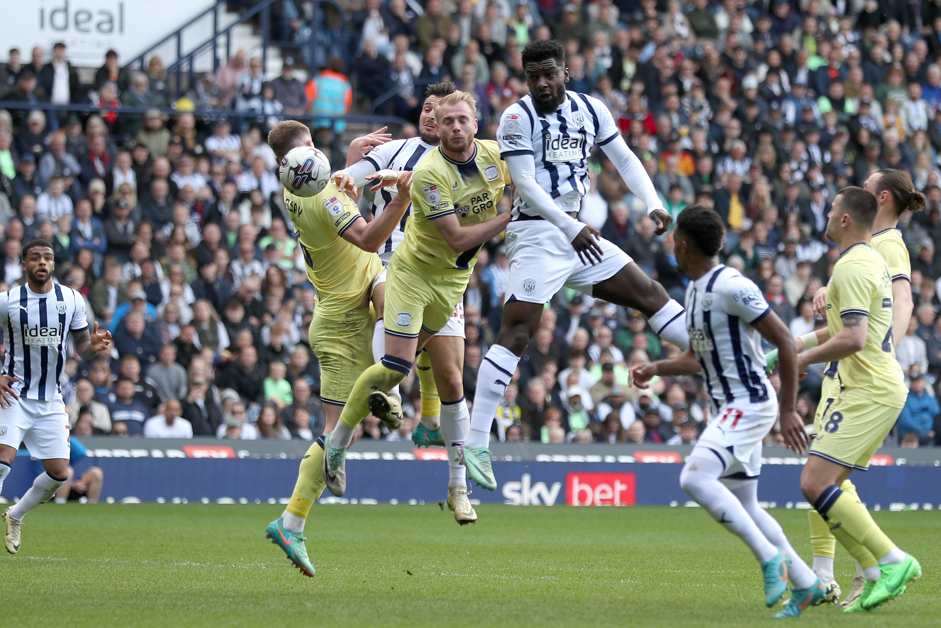 Cedric Kipre jumps to try and win a header against Preston 