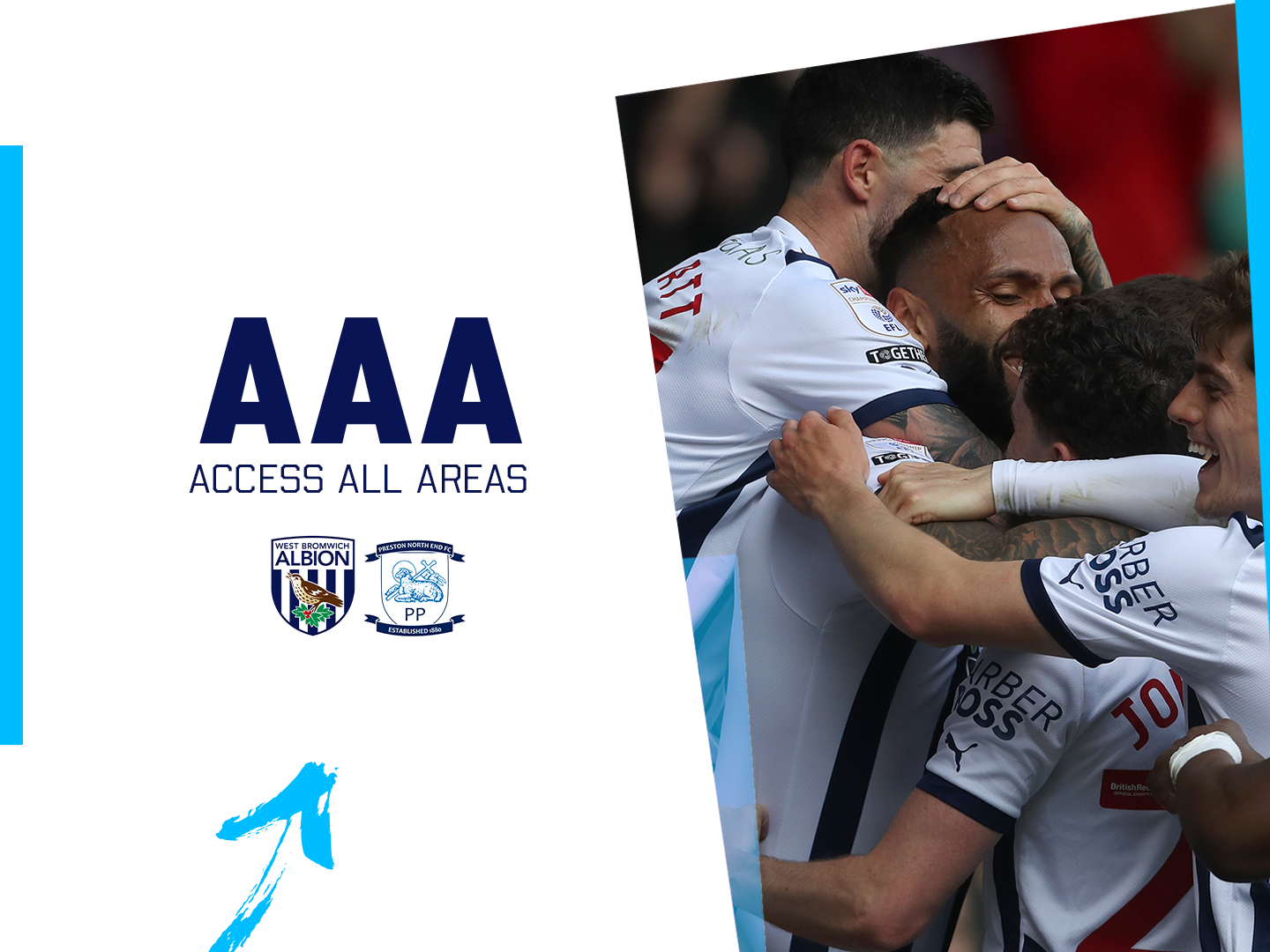 A AAA Matchday graphic, showing the club crests of Albion and Preston, with a photo of Kyle Bartley celebrating
