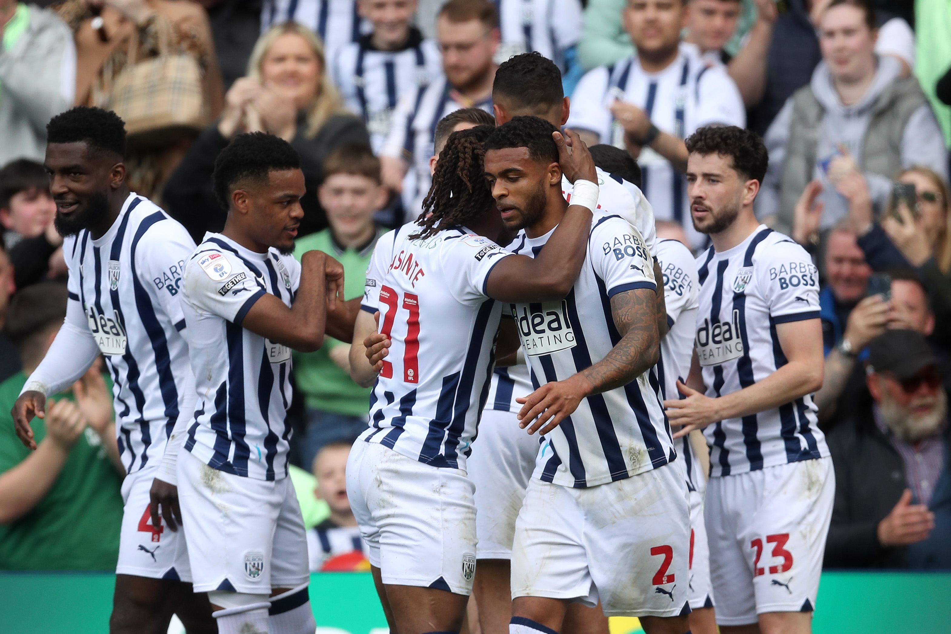 Albion players celebrate scoring a goal against Preston North End 
