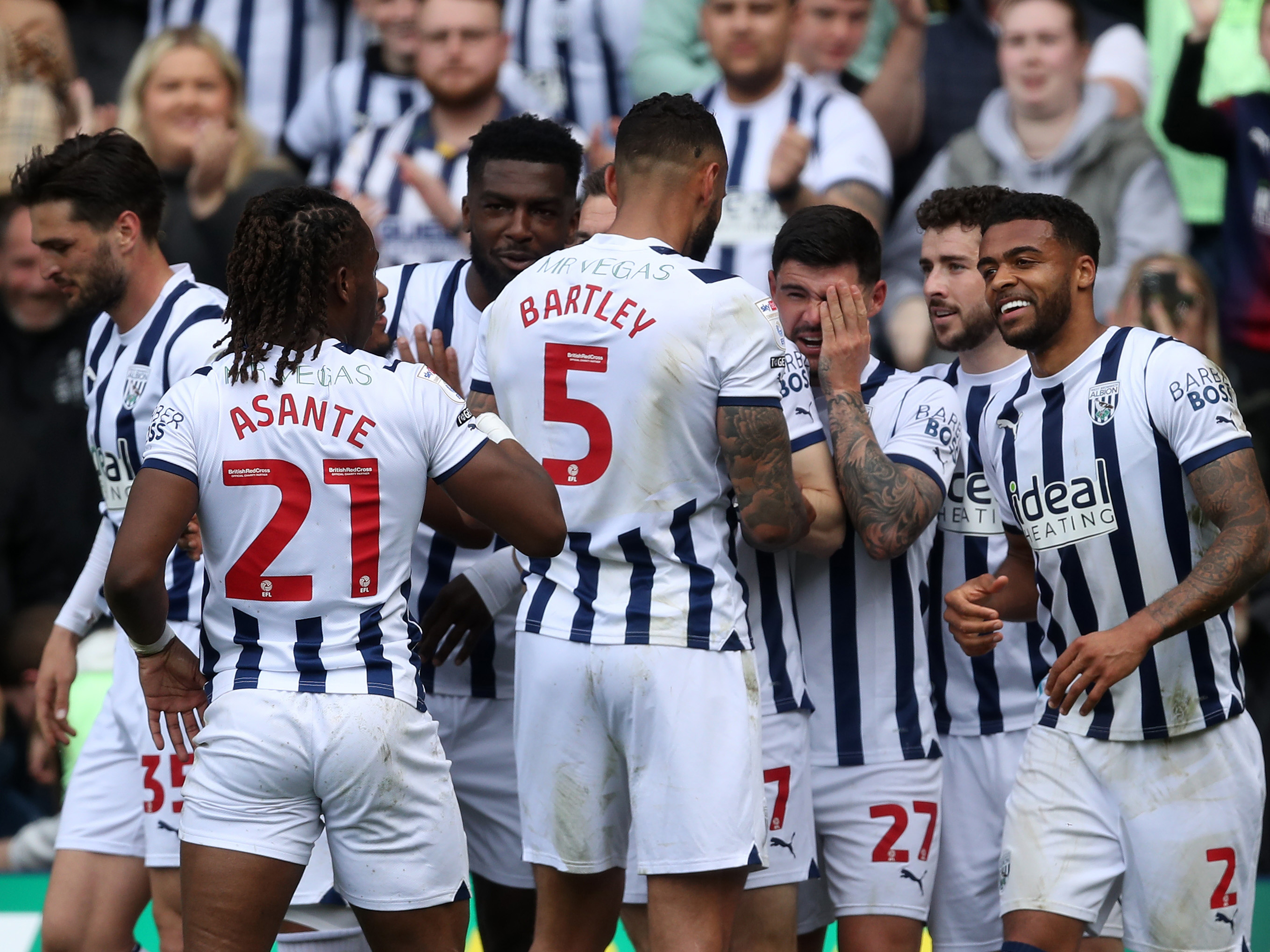 Albion players celebrate together after Darnell Furlong scored against Preston 