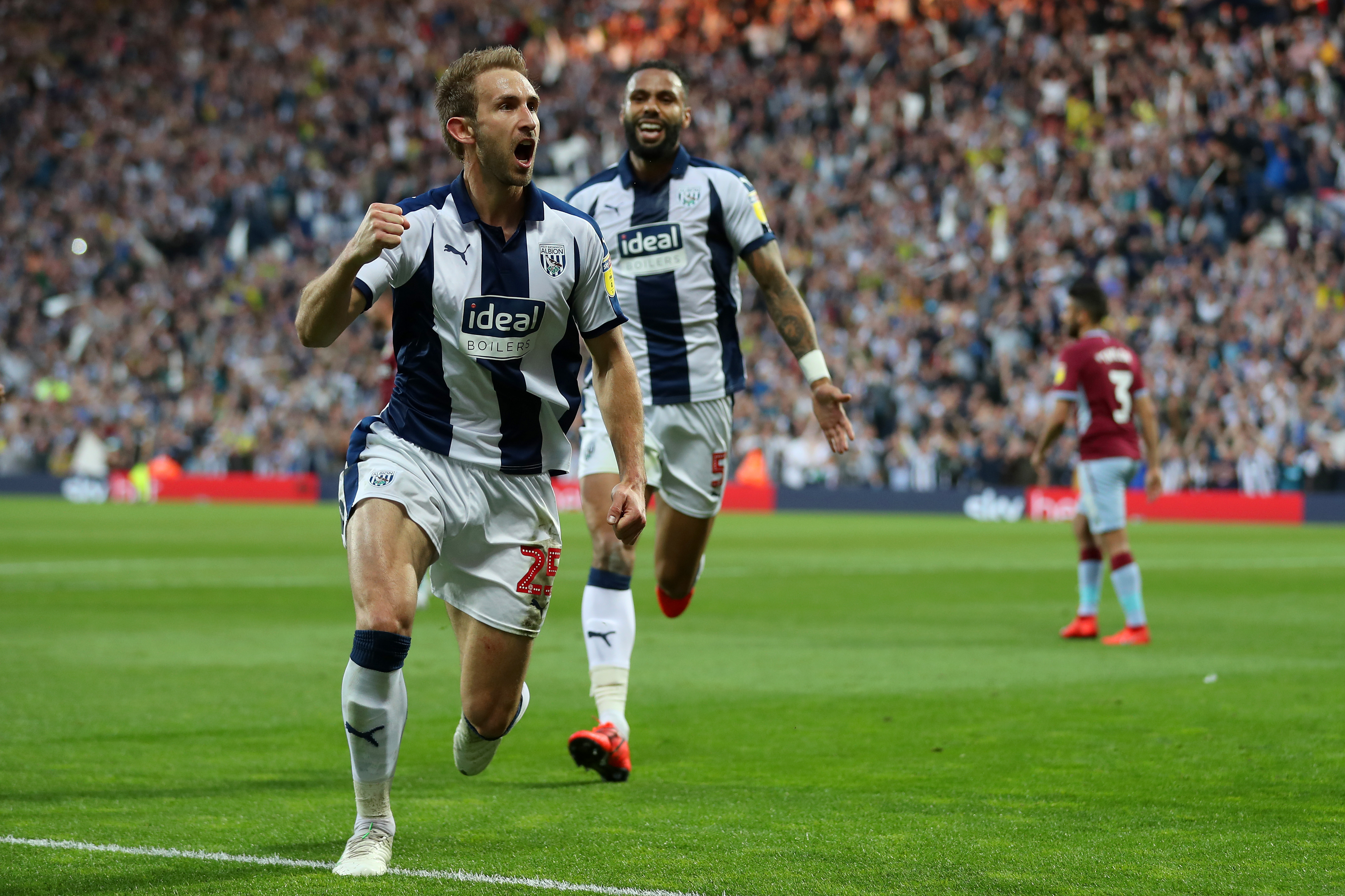 Craig Dawson celebrates scoring against Aston Villa in the play-offs in 2019