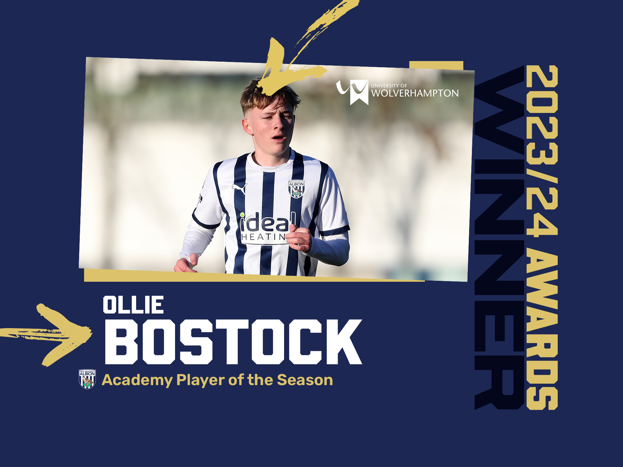 Ollie Bostock's Academy Player of the Season graphic with an image of him playing in the home kit 