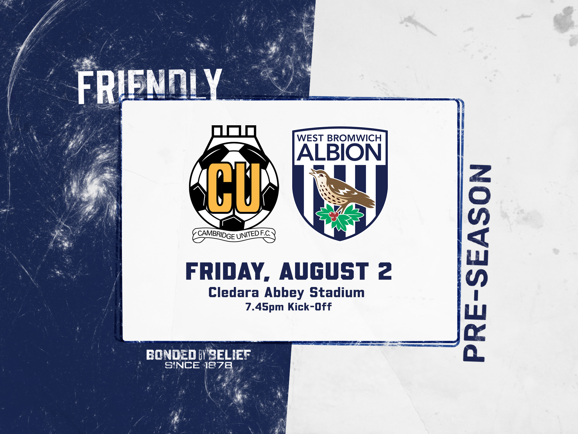 Cambridge United v Albion pre-season graphic with badges of both teams on
