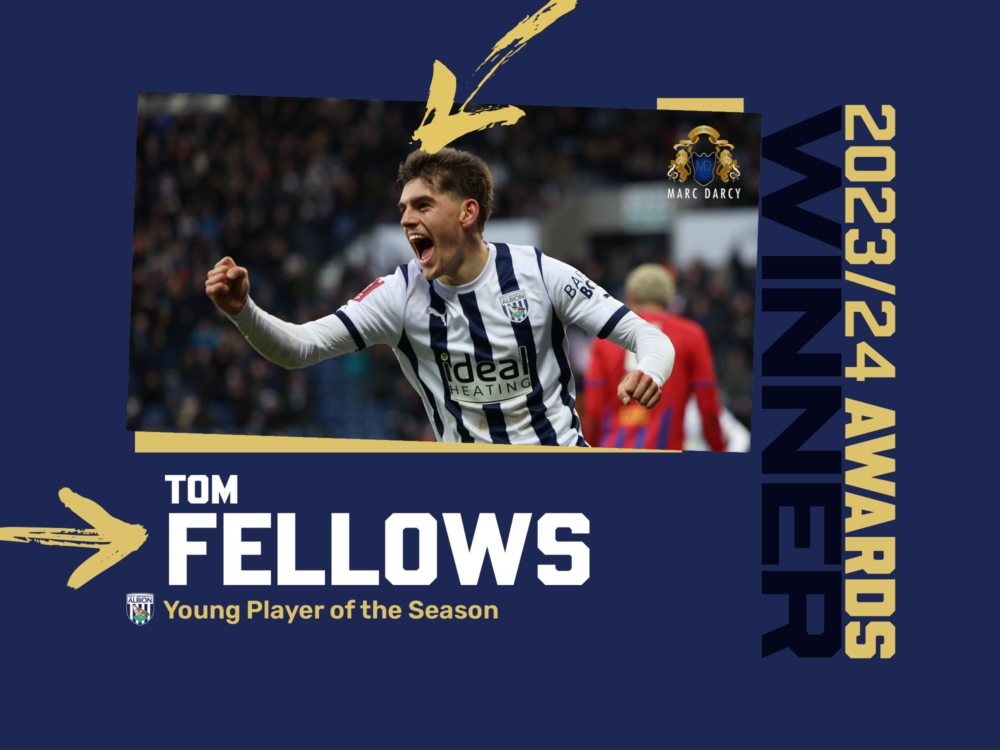 Tom Fellows' Young Player of the Season graphic with an image of him celebrating a goal in the home kit on