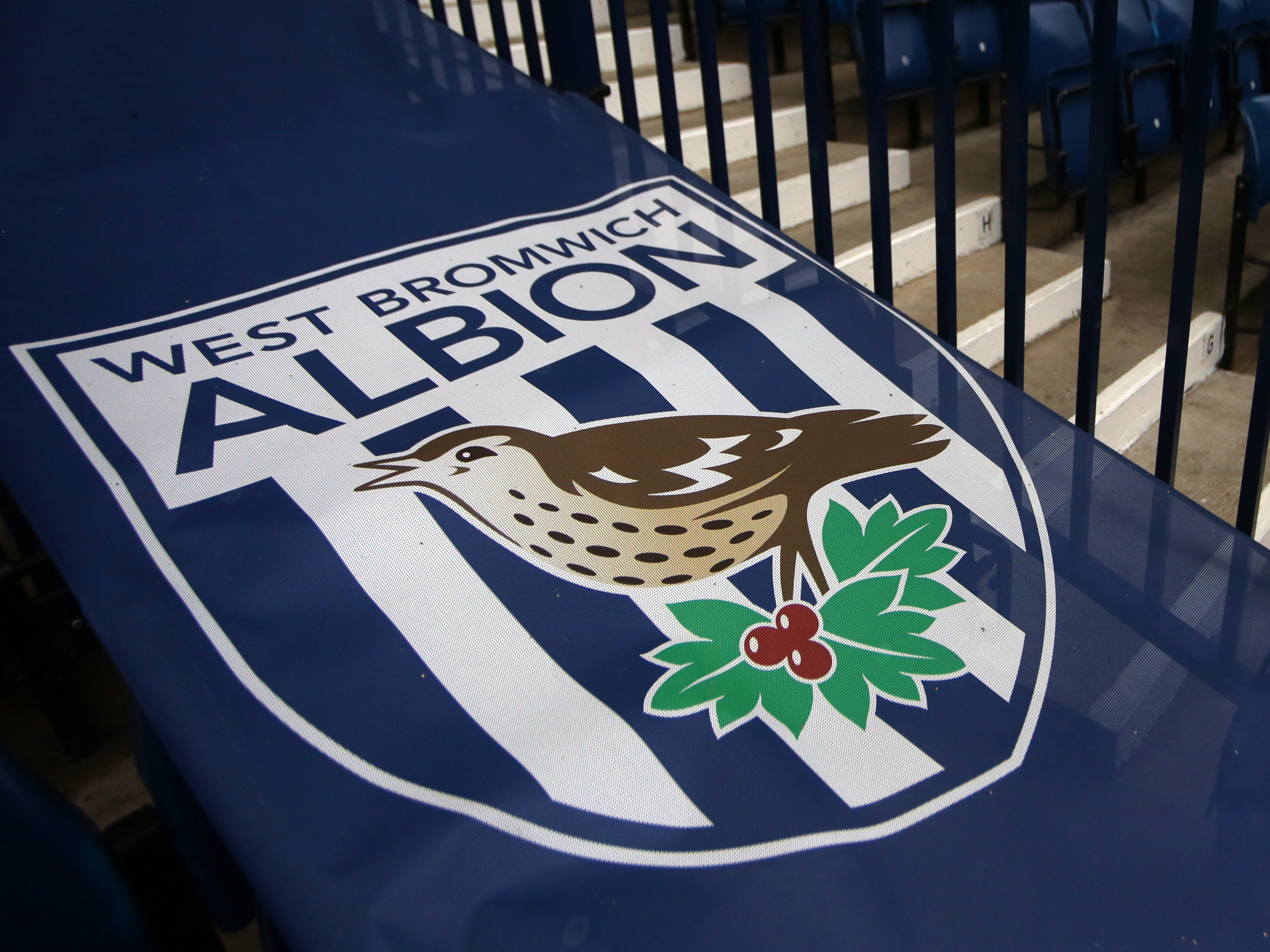 A WBA badge on netting over the seats in the stand at The Hawthorns