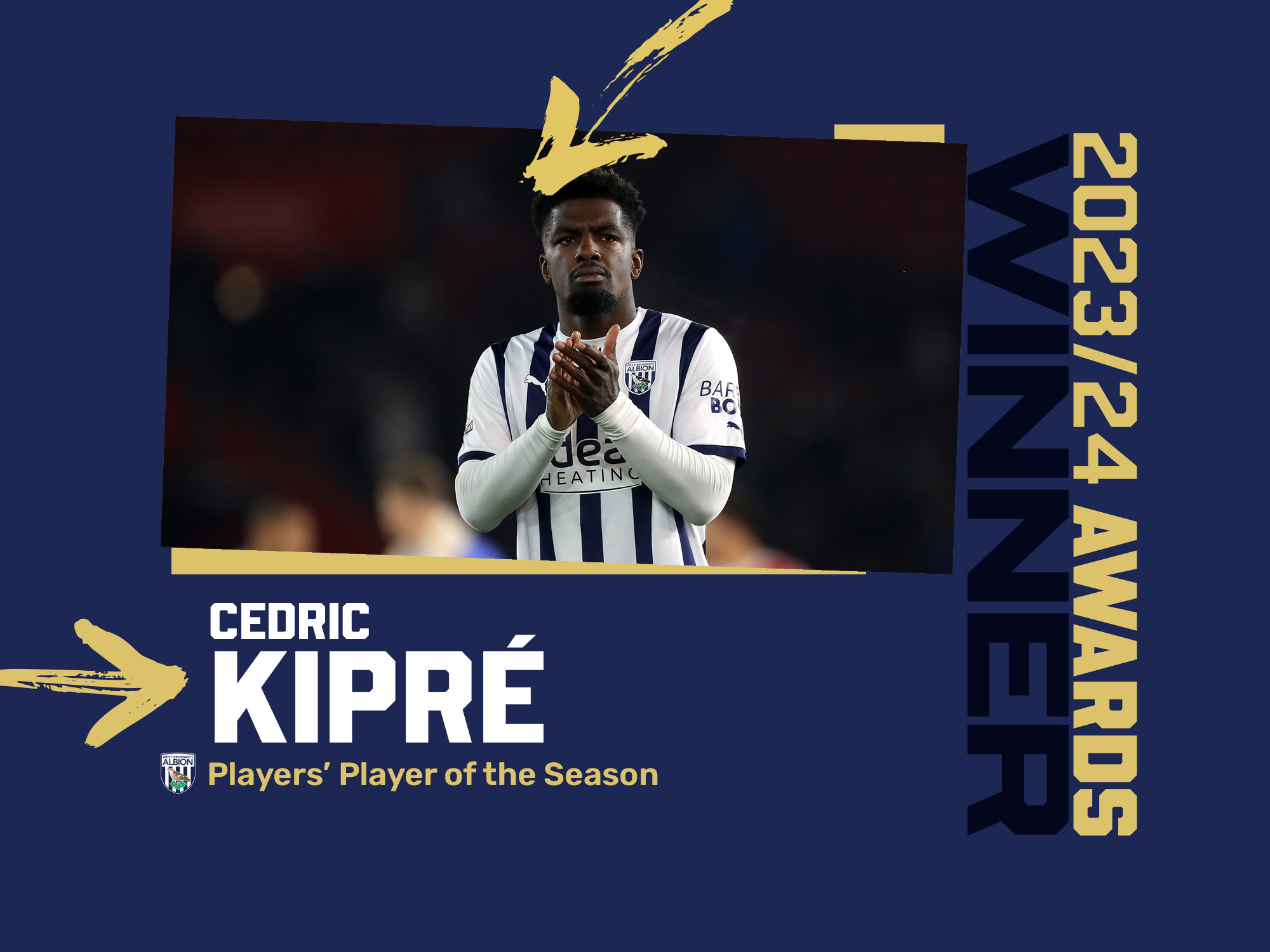 Cedric Kipre's Players' Player of the Season award with an image of him applauding supporters in the home shirt 