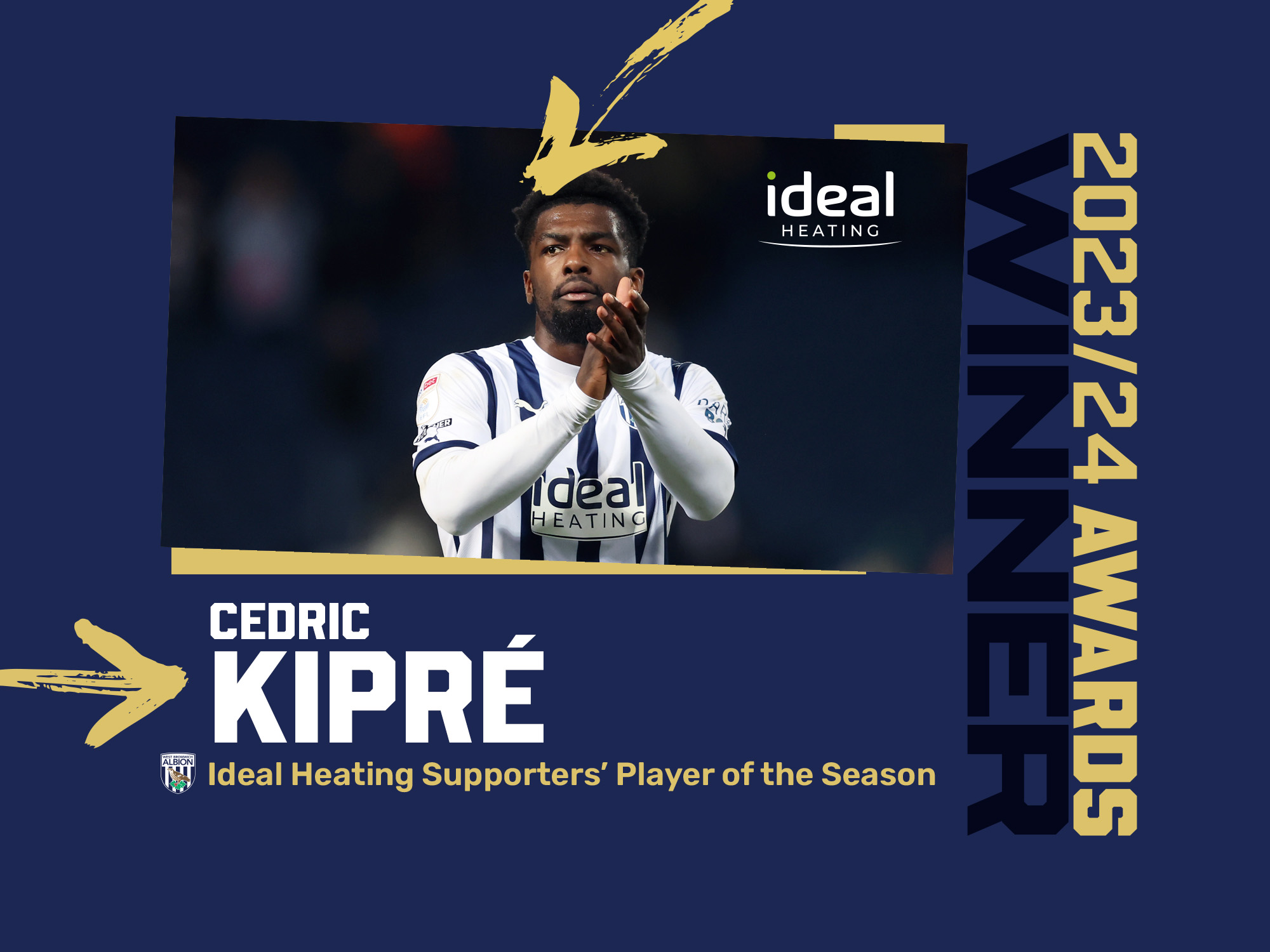 Cedric Kipre's Supporters' Player of the Season graphic with an image of him applauding supporters in the home kit 