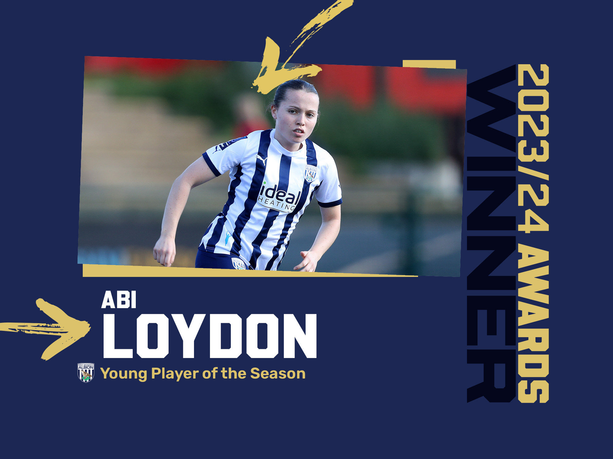 Abi Loydon's Albion Women's Young Player of the Season graphic with an image of her playing in the home kit on