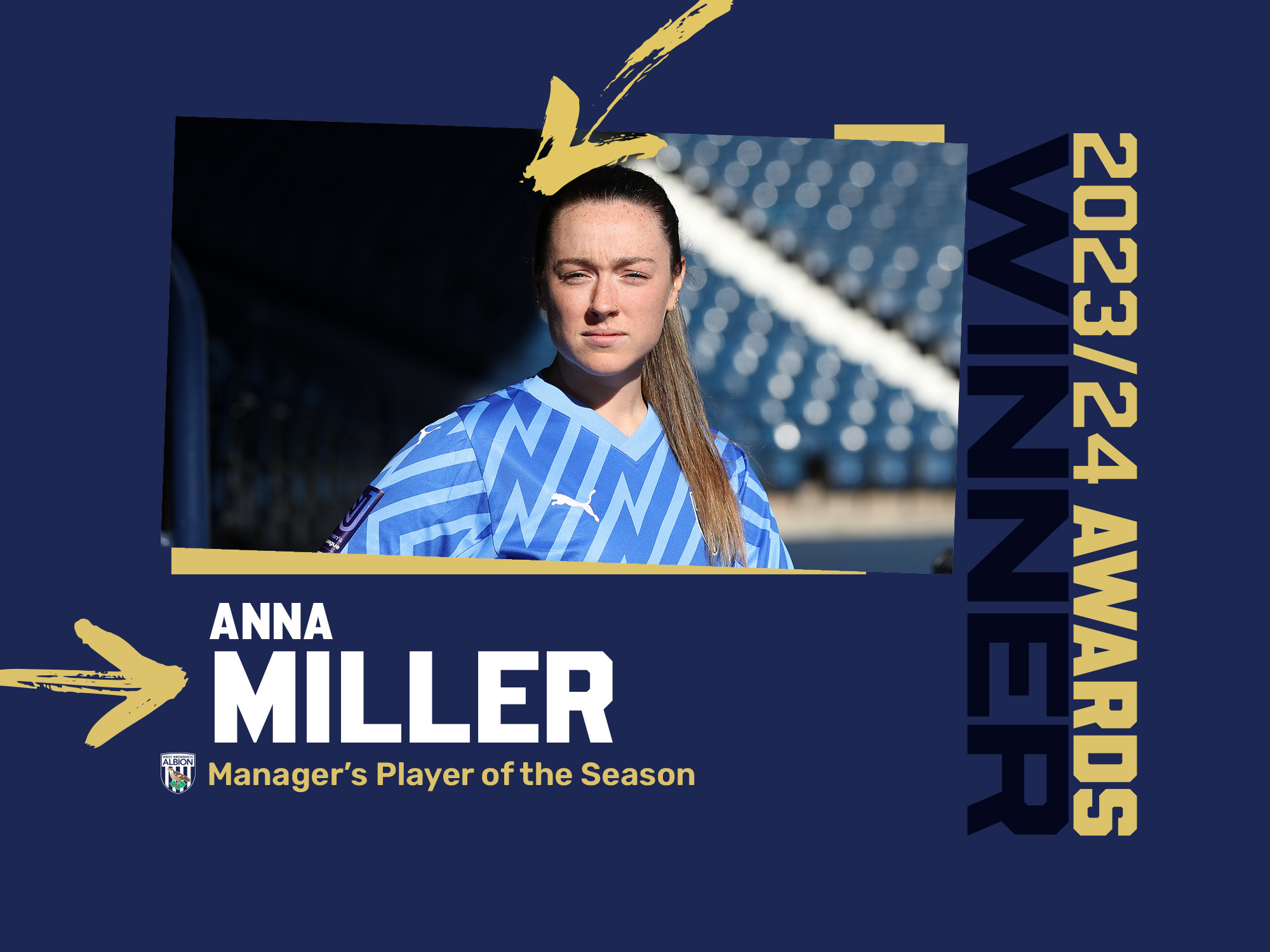 Anna Miller's Albion Women's Manager's Player of the Season graphic with an image of her in the goalkeeper kit in 