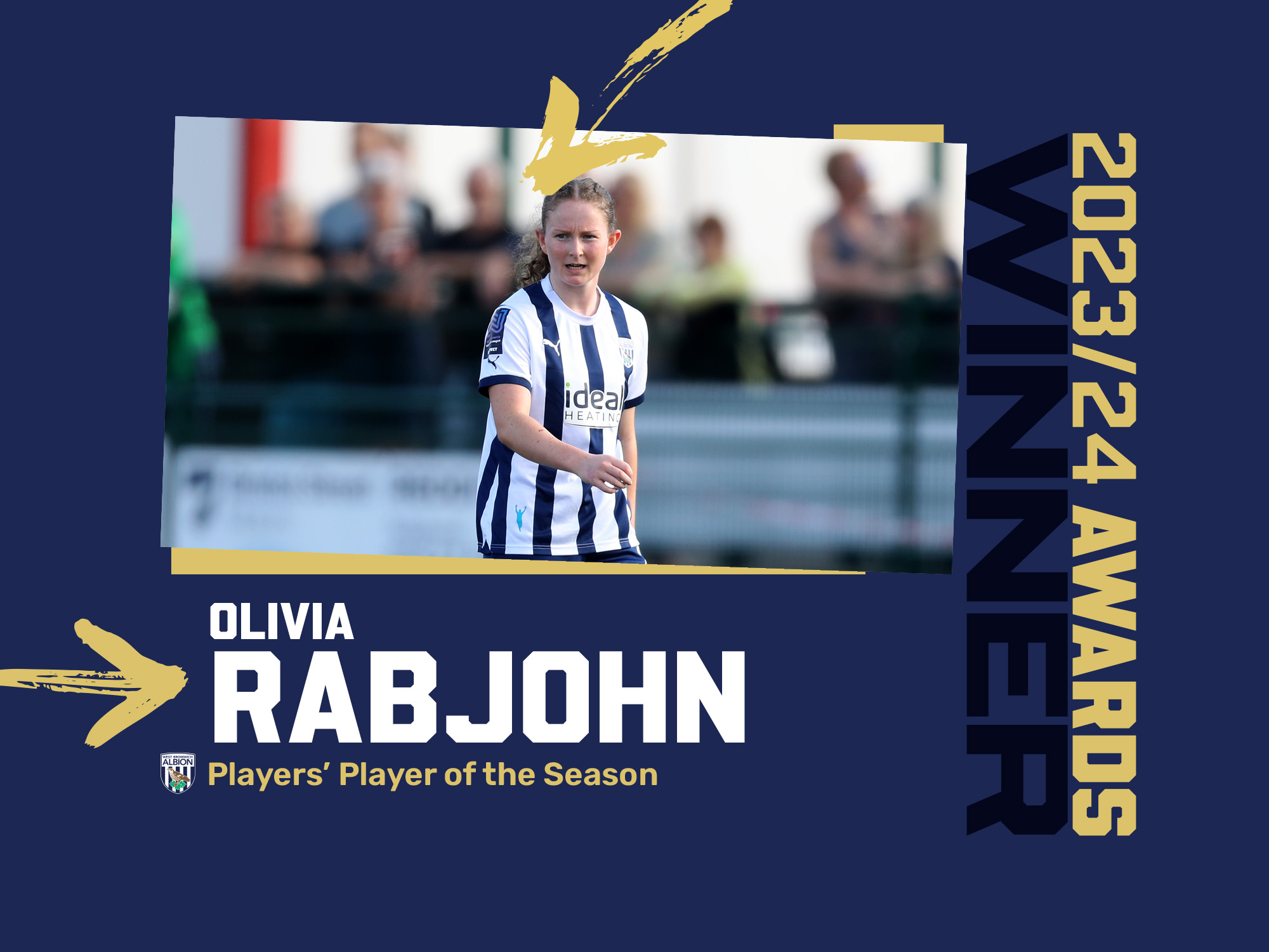 Olivia Rabjohn's Players' Player of the Season graphic with an image of her playing in the home kit on 
