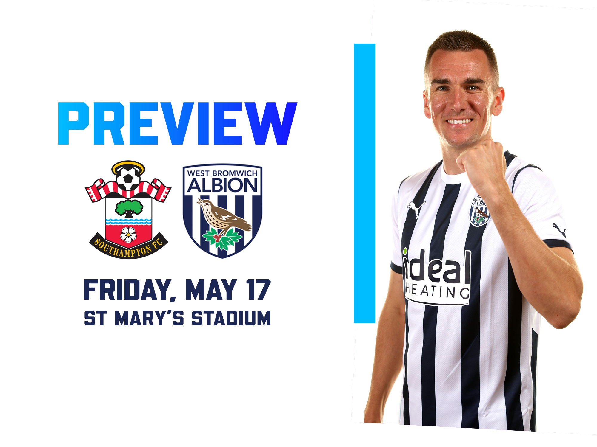 Southampton & WBA badges on the home kit match preview graphic with an image of Jed Wallace smiling at the camera in the home shirt 