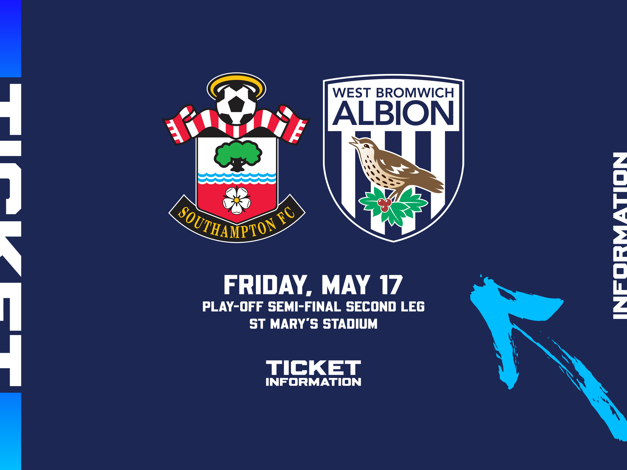 A ticket graphic displaying information for Albion's play off semi final second leg against Southampton