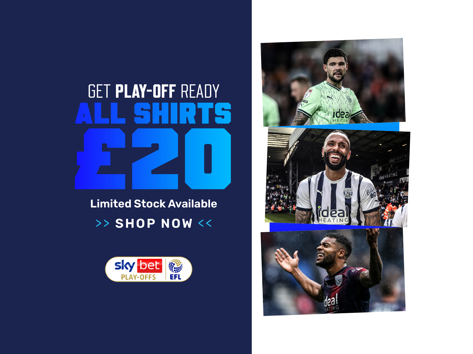 A graphic detailing all 2023/24 Albion shirts on sale for £20
