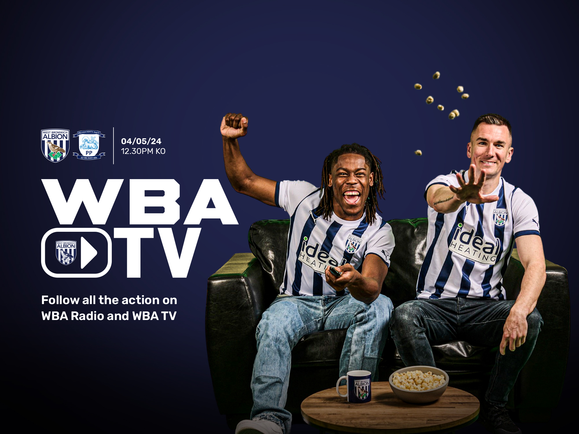 WBA TV graphic for Albion's clash with Preston with images of Brandon Thomas-Asante and Jed Wallace throwing popcorn at the camera wearing home shirts