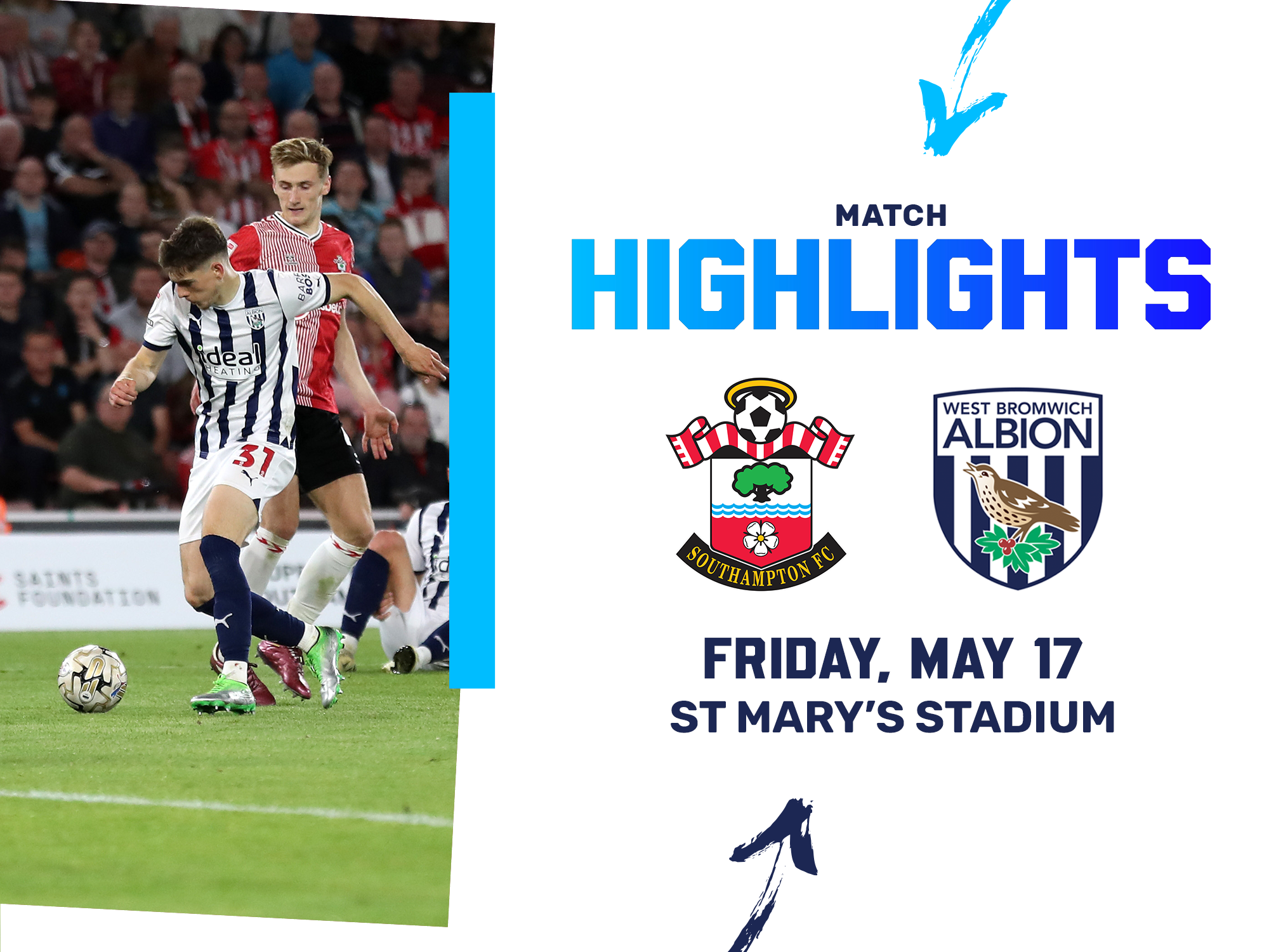 A photo highlights graphic, showing the club crests of Southampton and Albion, along with an action shot of Tom Fellows in the 23/24 home kit at St Mary's