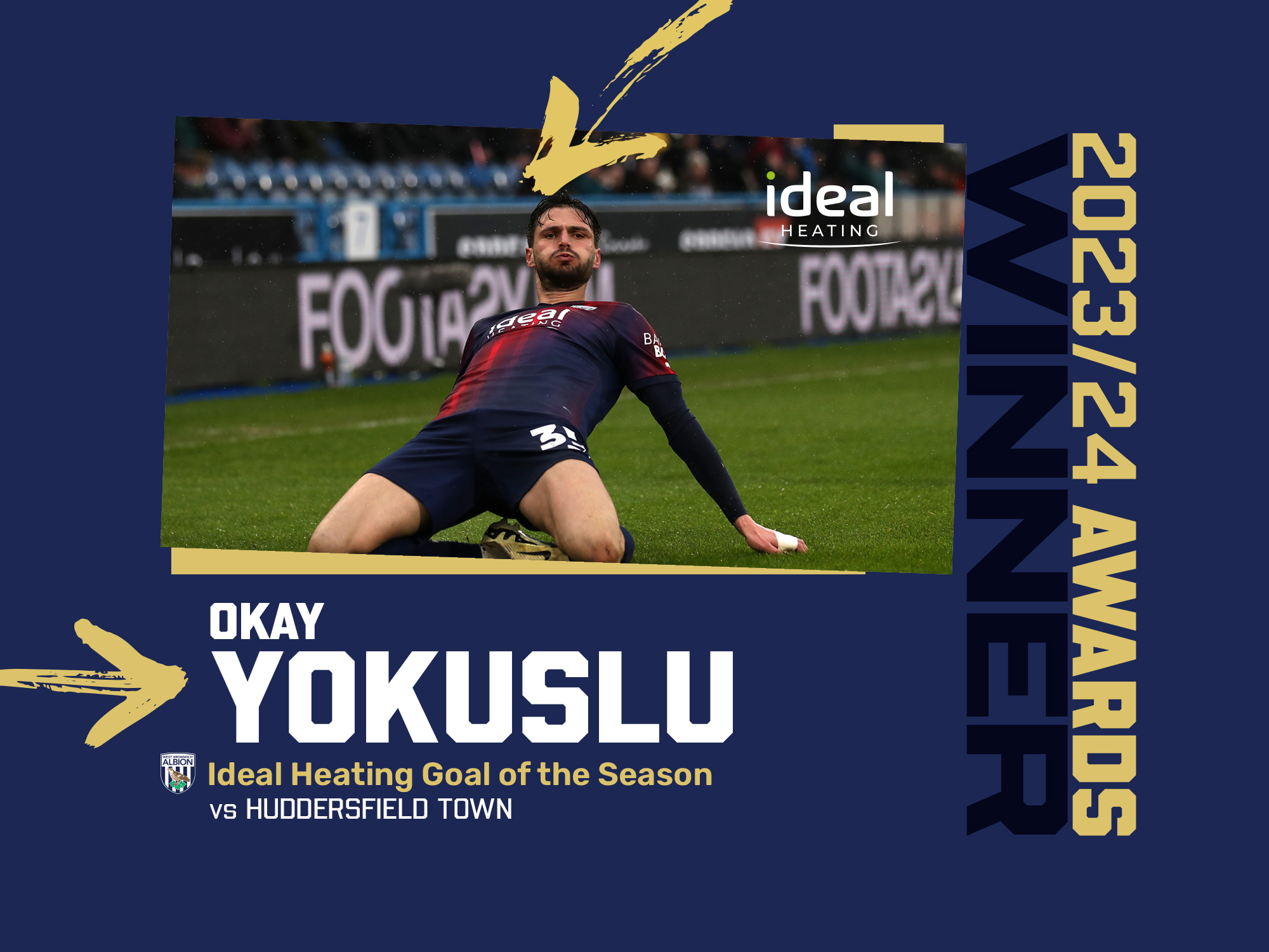 Okay Yokuslu's Goal of the Season graphic with an image of him celebrating against Huddersfield Town in the navy blue and red kit on