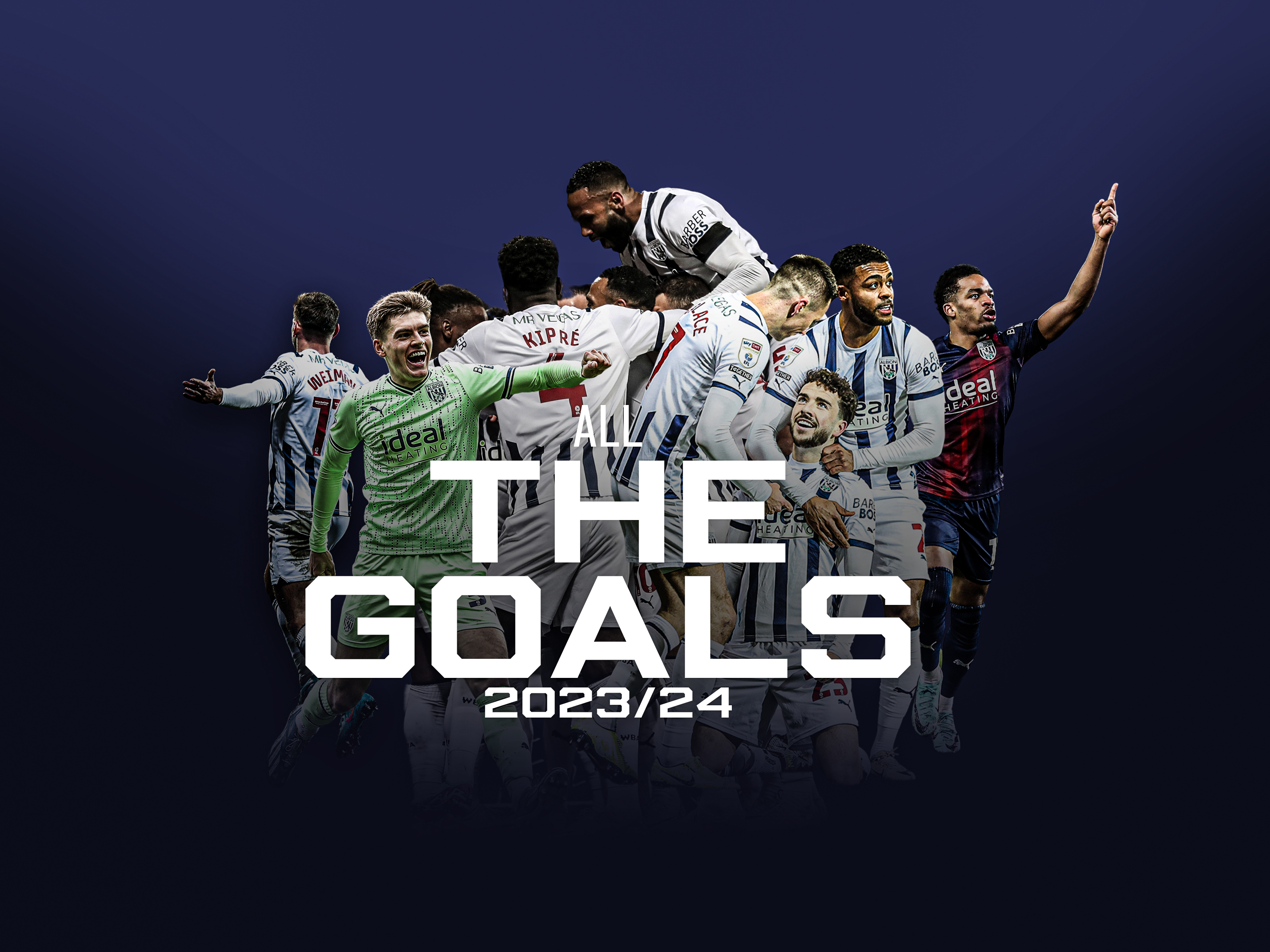 All the goals graphic for 2023/24 with a collage of players celebrating on in all three kits