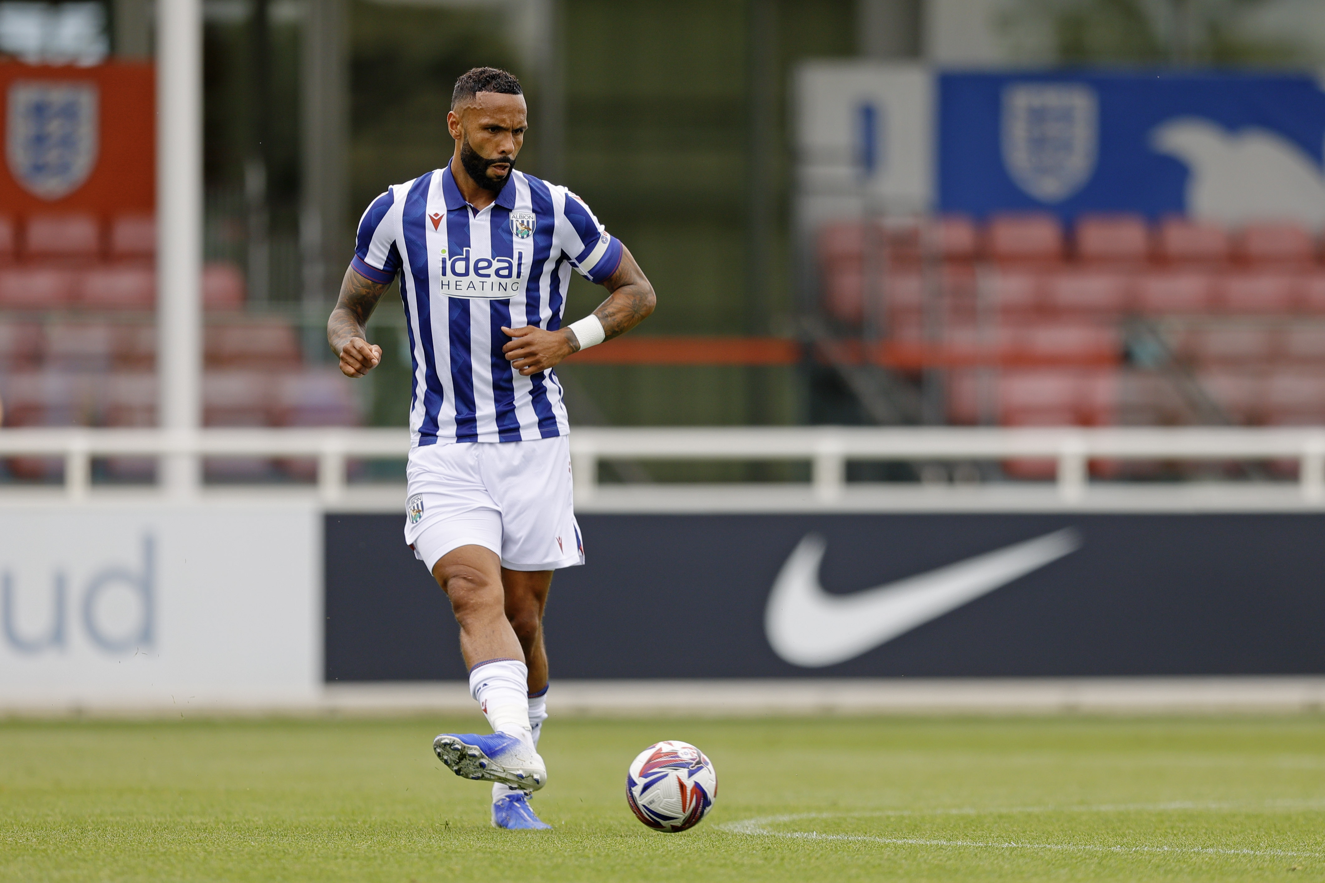 An image of Kyle Bartley on the ball during Albion's friendly against Peterborough