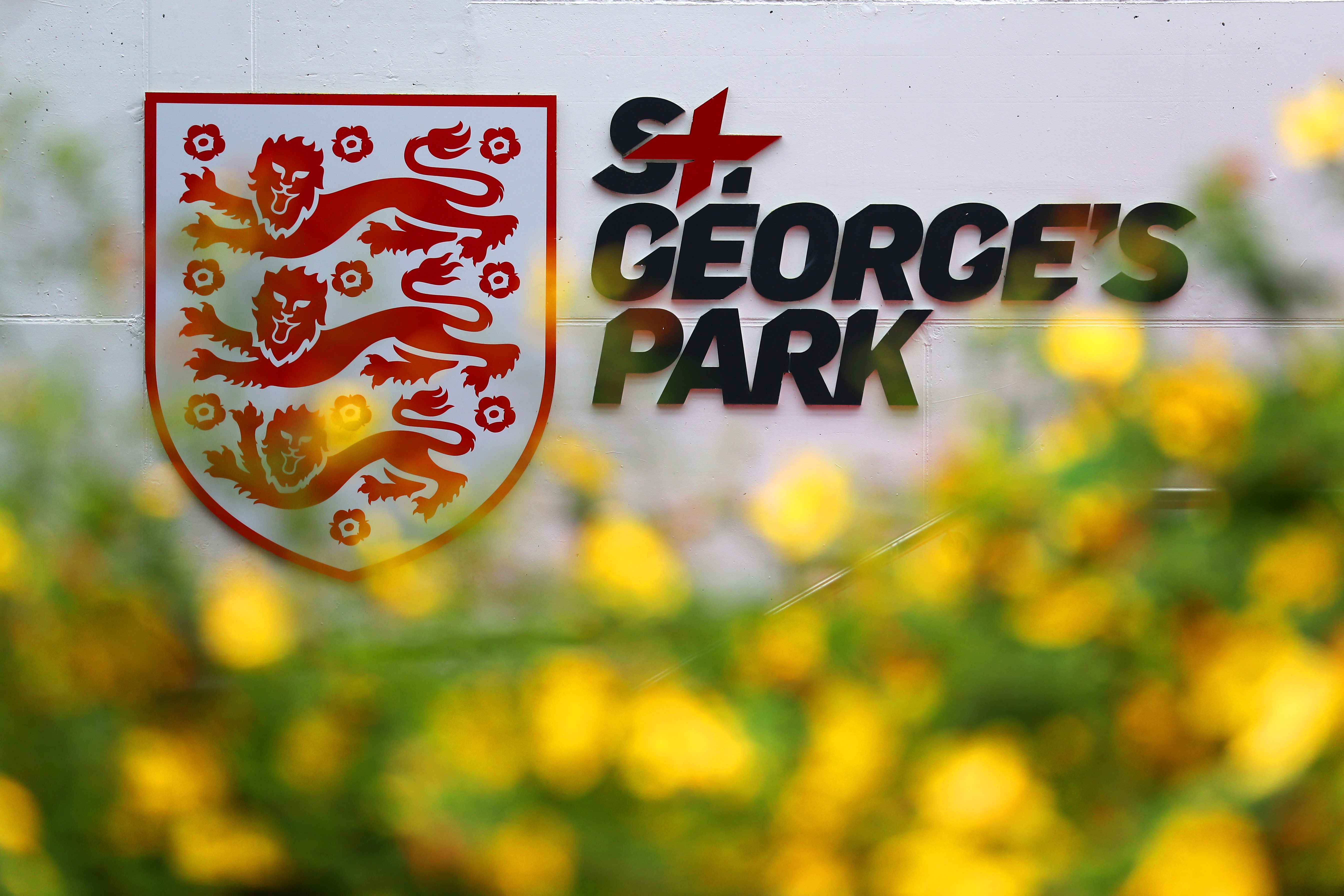 Branding on the wall at St. George's Park with flowers in front 