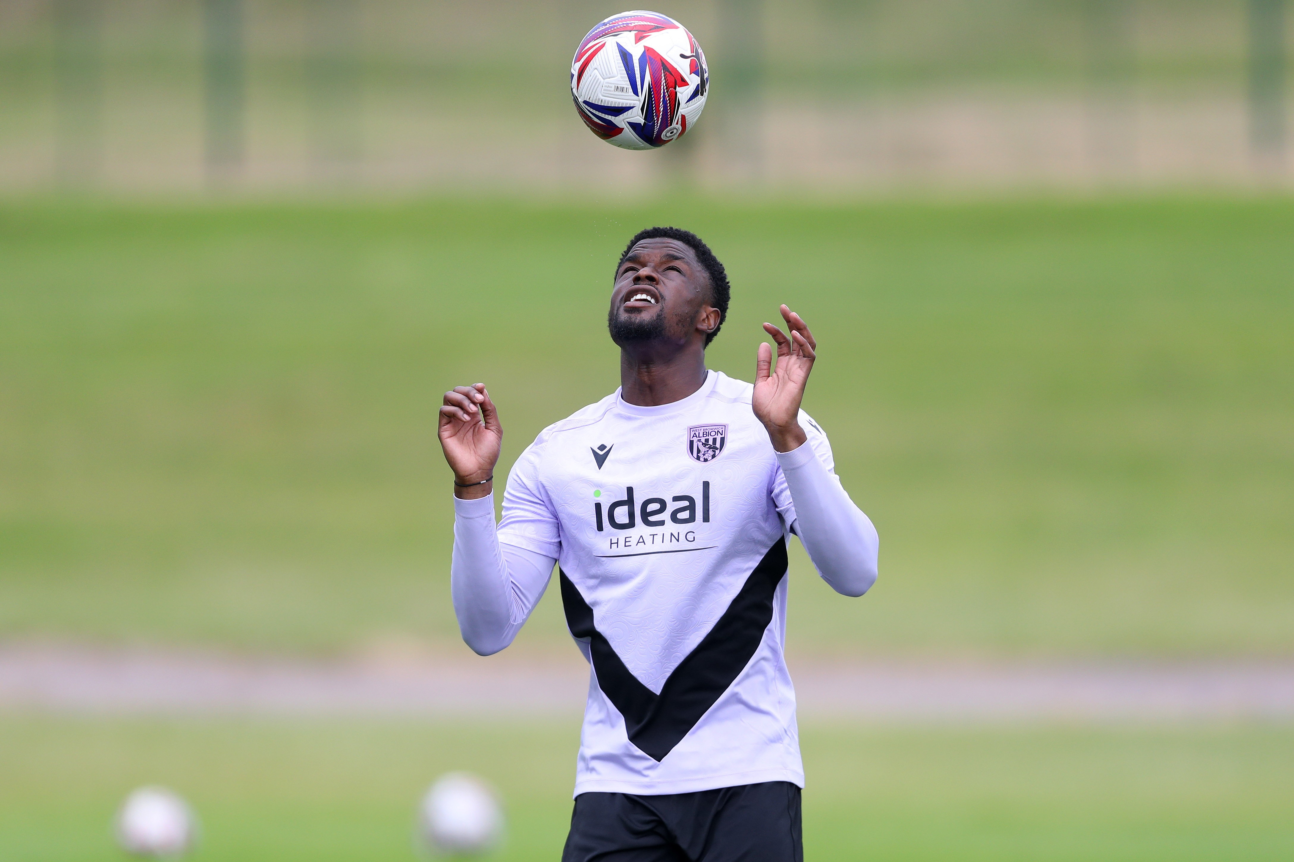 Josh Maja juggling the ball with his head during a training session 