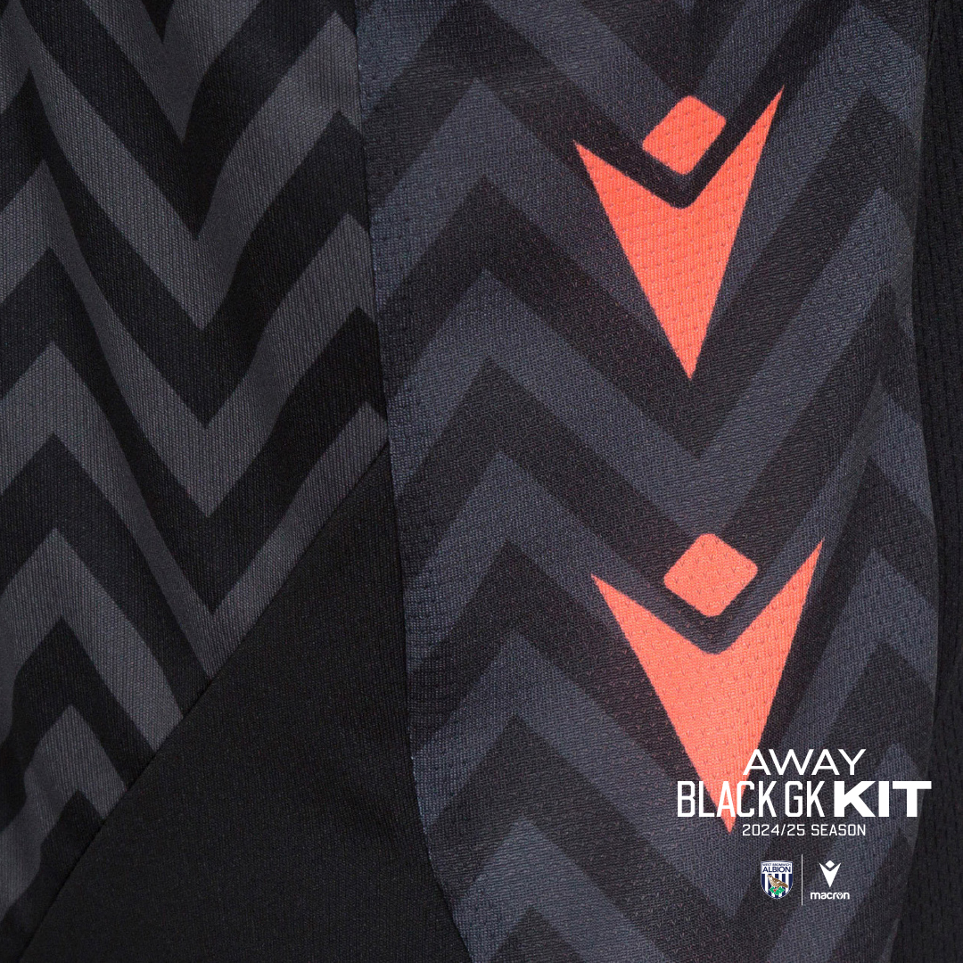 24/25 Away Goalkeeper Black Kit with close up of Coral Macron Logos