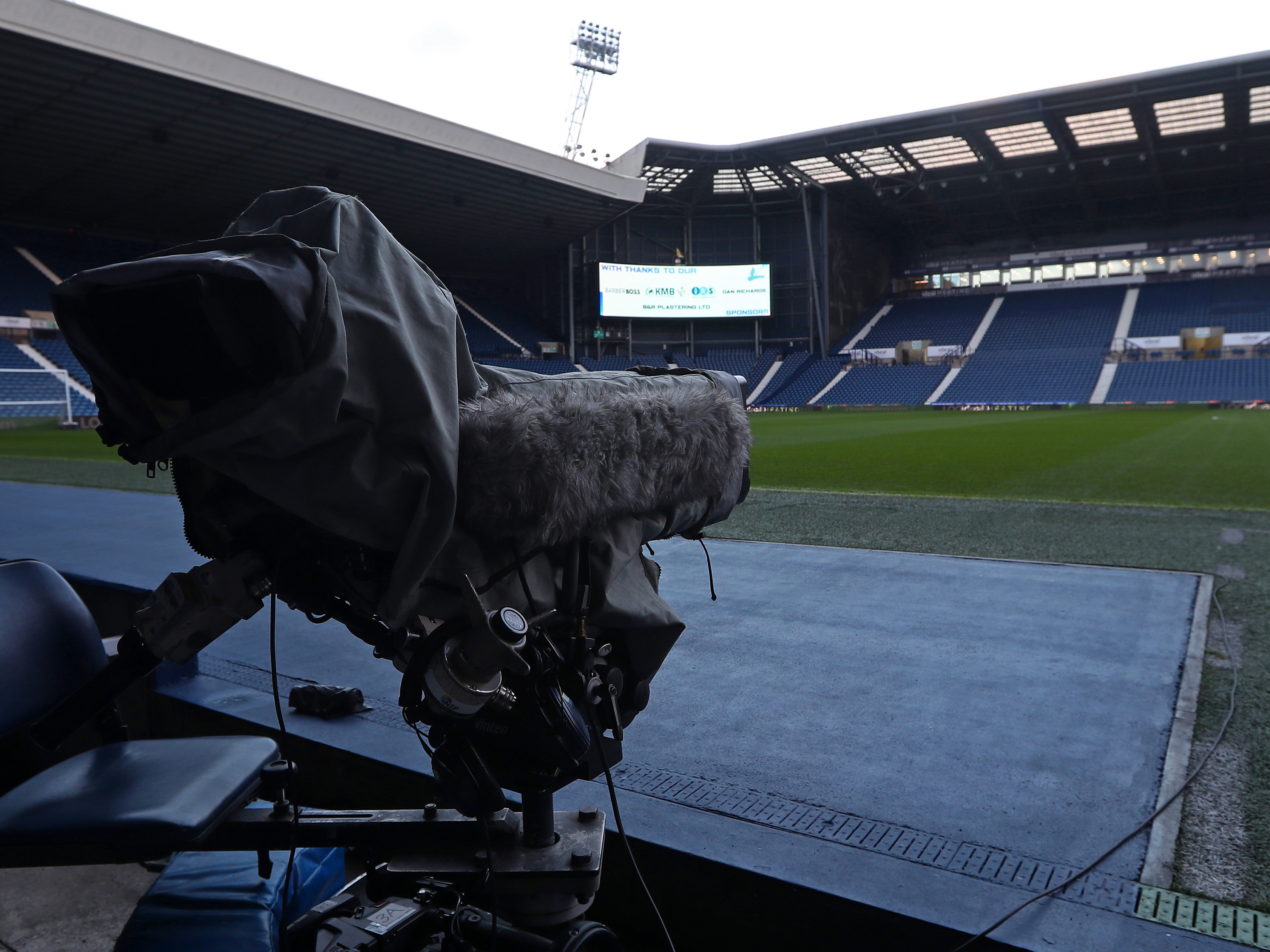 A television camera on the side of the pitch at The Hawthorns 