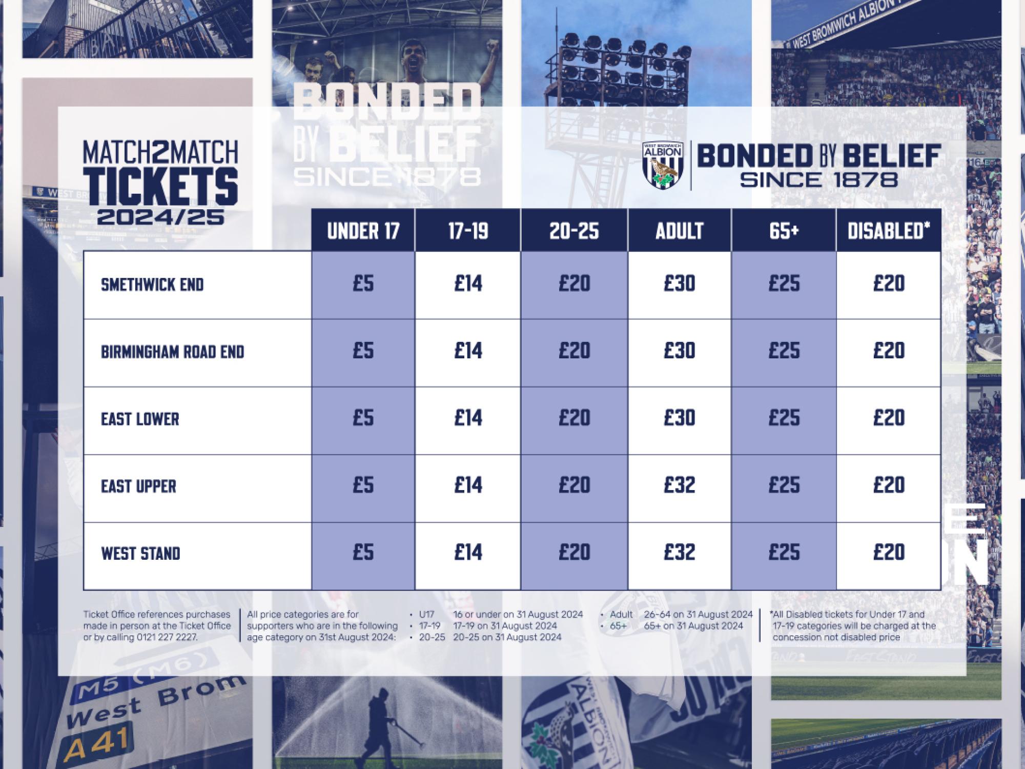 A graphic displaying Albion's match-to-match ticket prices for the 2024/25 season