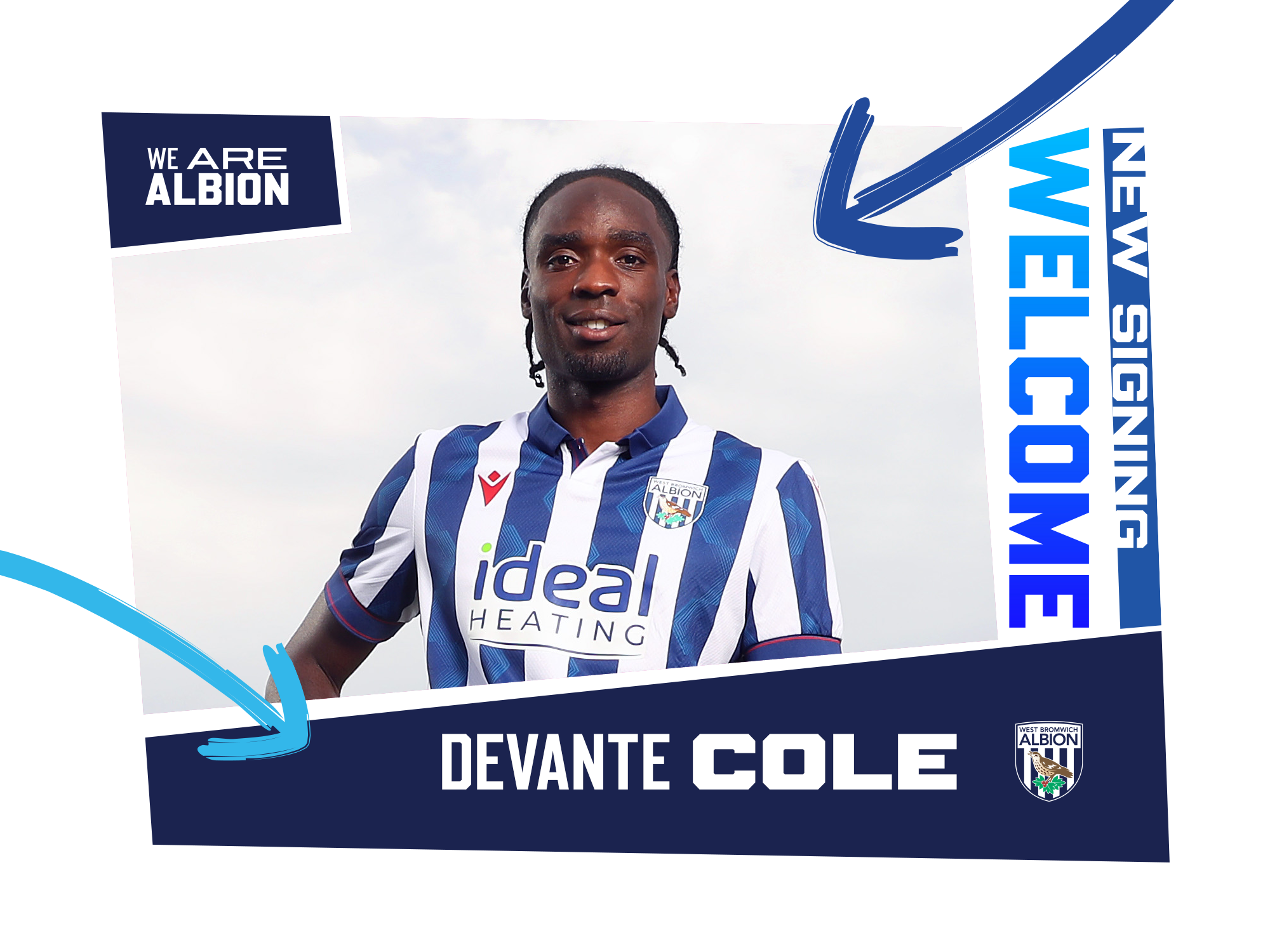 Albion new signing graphic Devante Cole smiling at the camera while wearing a home shirt 